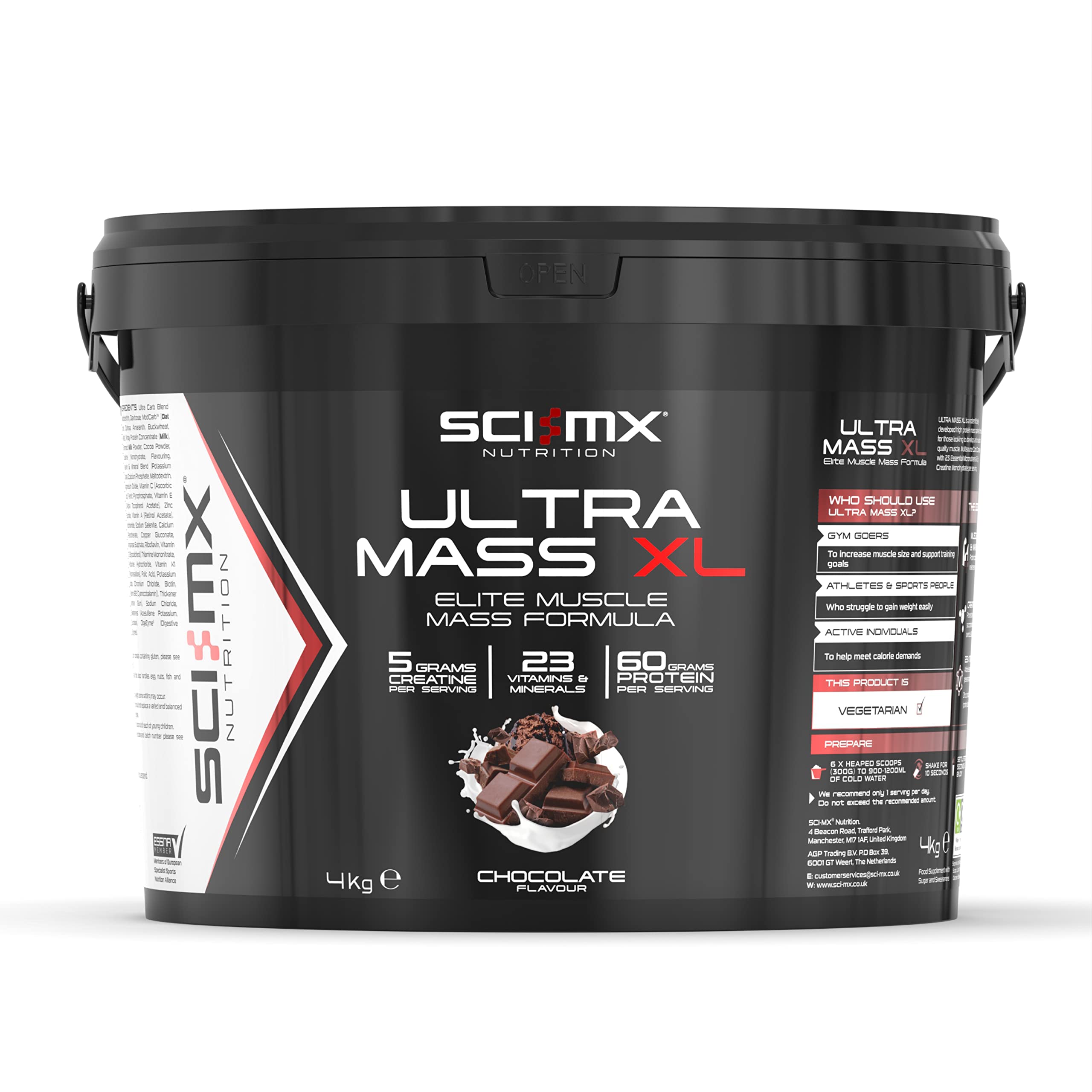 Ultra Mass XL - 4kg - High Calorie Muscle Mass Protein Powder - Chocolate - Muscle Growth & Weight Gain • 60g Protein + 1088 Calories per Serving + 5g Creatine