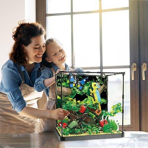 Miniatura 6 de Juego de construcción de selva tropical con luz LED, bloques de construcción de paisaje de selva con camaleón, mariposa, escarabajo, mariquita,