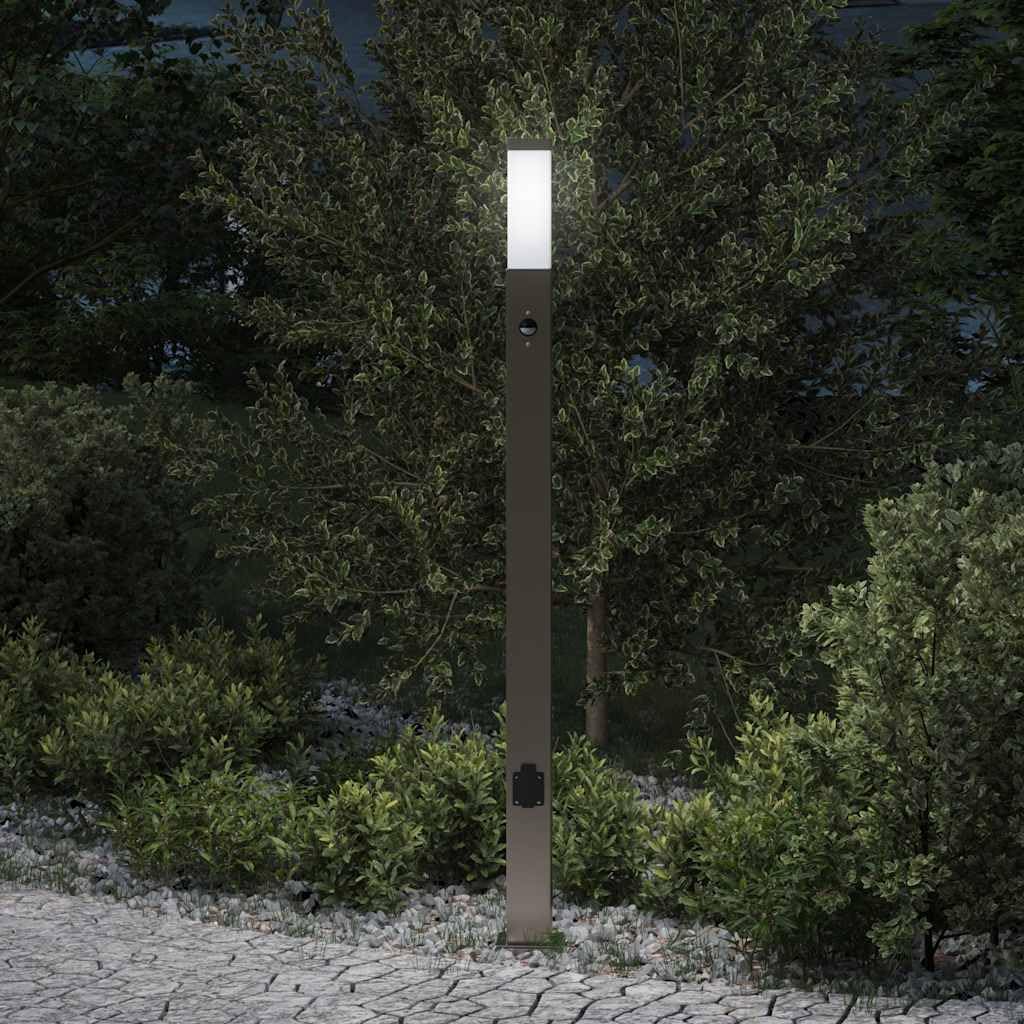 Lampa słupkowa z gniazdkiem 110 cm, zewnętrzna lampa stojąca z czujnikiem ruchu ze stali nierdzewnej IP44, lampa stojąca ogrodowa z czujnikiem PIR i dyfuzorem na taras, wjazd i do ogrodu