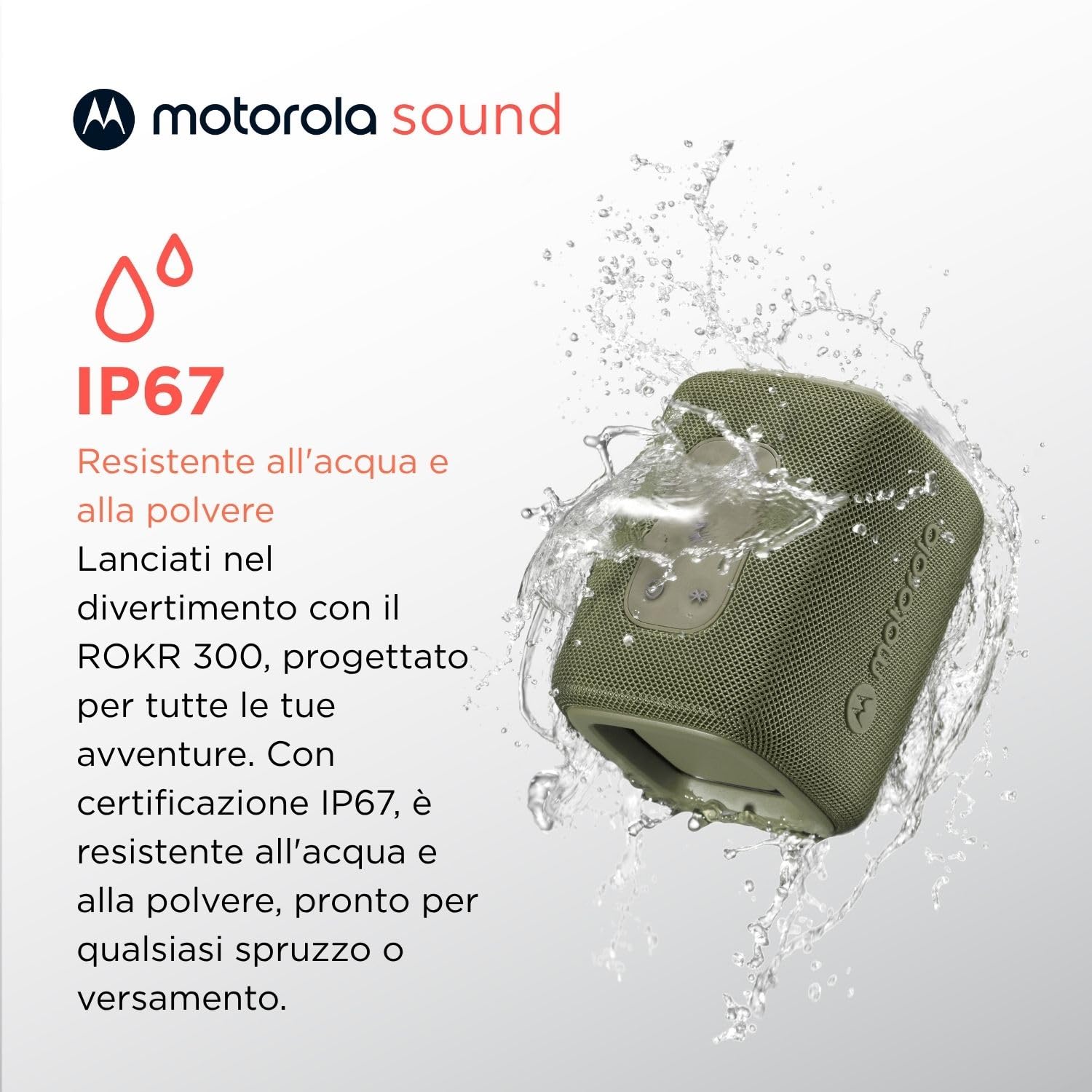 Motorola Sound - Altoparlante ROKR 300 Bluetooth 5.3 - wireless portatile da 7 W - Altoparlante compatto IP67 impermeabile e antipolvere - 12 ore di riproduzione, rosso