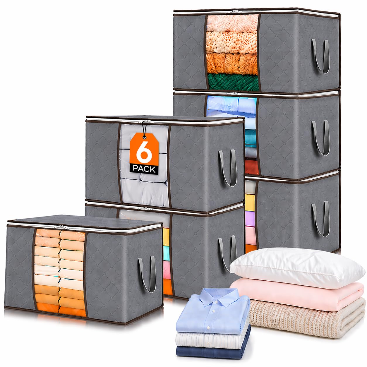 Photo 1 of 6 Pack Clothes Storage Bags, Foldable Closet Organizers with Zipper & Clear Window, Large Storage Bins for Clothing, Bedding, Blankets