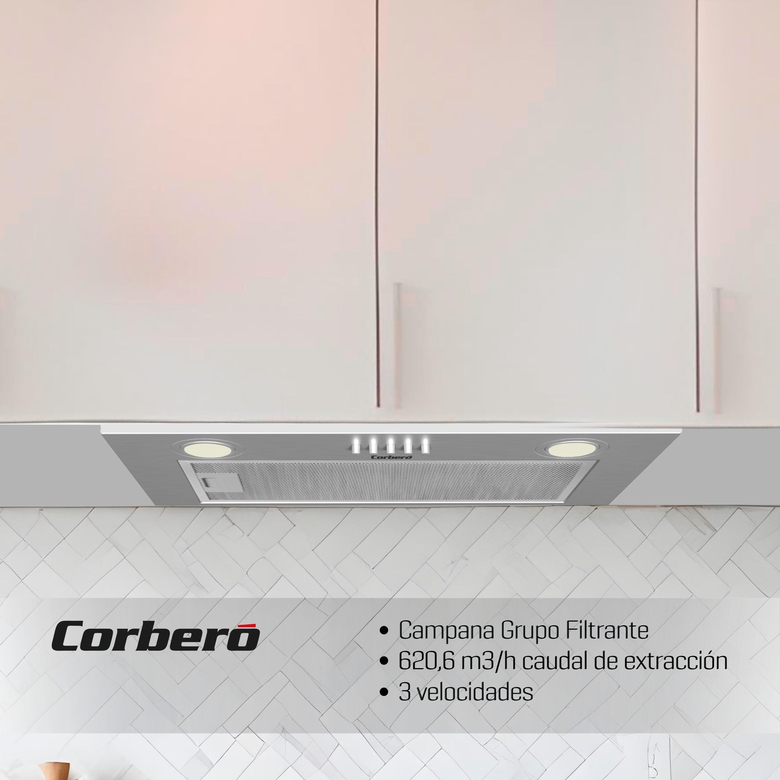 Corberó - Campana Extractora Grupo filtrante VENTOR7260X | 72cm, 600 m3/h, 3 Velocidades, Filtros Aluminio y Carbón, A, Inox