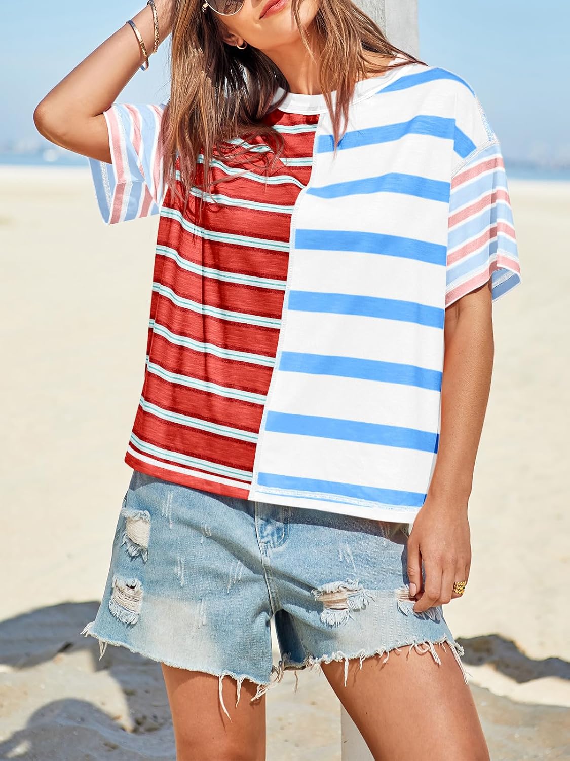 Tankaneo Womens Summer Striped Shirts Casual Color Block Short Sleeve Tops Loose Fit Crew Neck Tees - Image 5