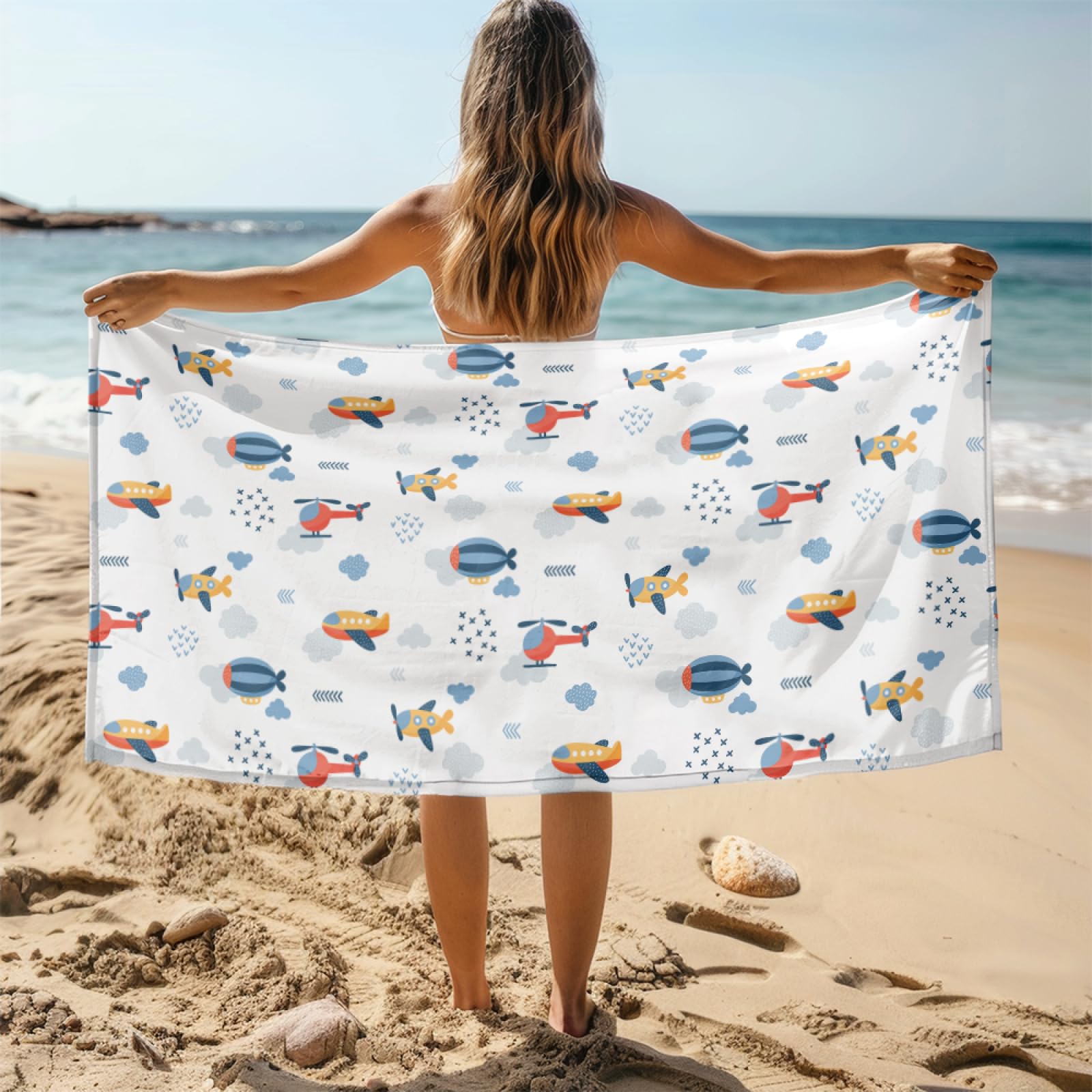 Strandtuch 200X200 Flugzeug Blaue Cartoon Strandtücher Mikrofaser Kompakt und Sandfest,Strand Handtuch,Leicht und Schnelltrocknend Reisehandtuch für Den Strand,Gym