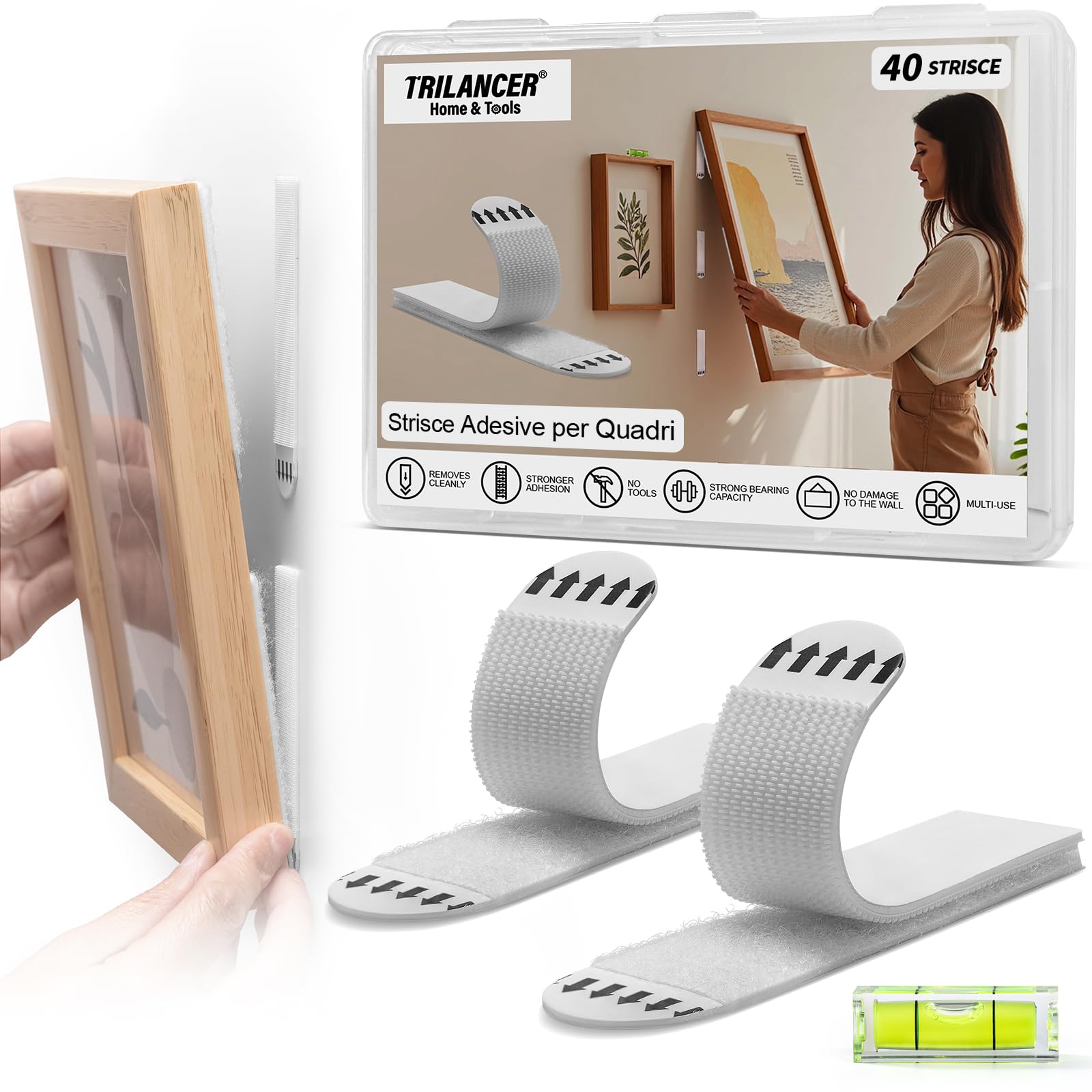 Trilancer Strisce Adesive per Appendere Quadri 20 Coppie, Forte Tenuta, Senza Chiodi né Attrezzi Senza Danni al Muro, Rimovibili, con Livella, per Cornici, Decorazioni, Poster e Superfici Lisce