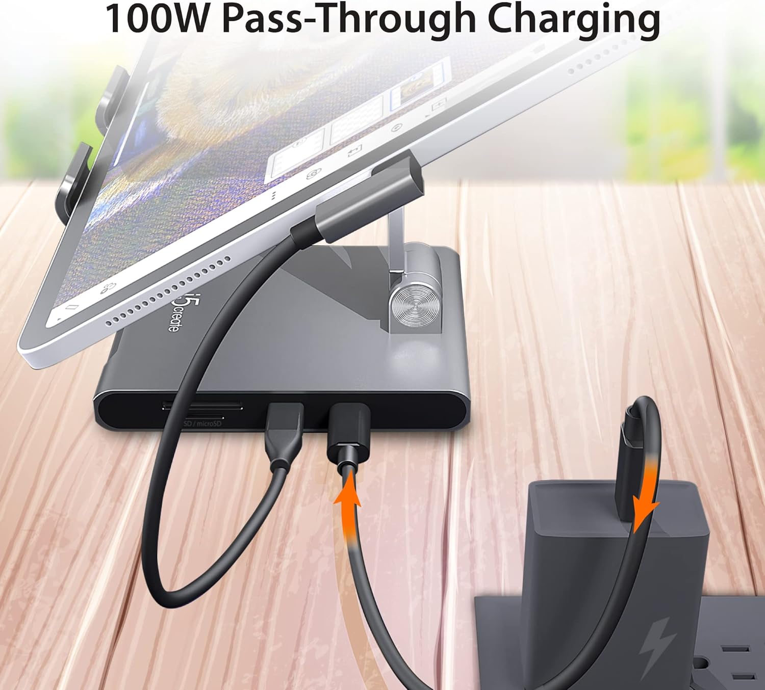 j5create Adjustable Tablet Stand with USB Type C Docking Station for iPad Pro/Air/mini : 4K60 HDMI, 2 x USB-A 5Gbps, 100W PD Charging, microSD/SD Card Reader, 3.5mm Audio Jack (JTS224)