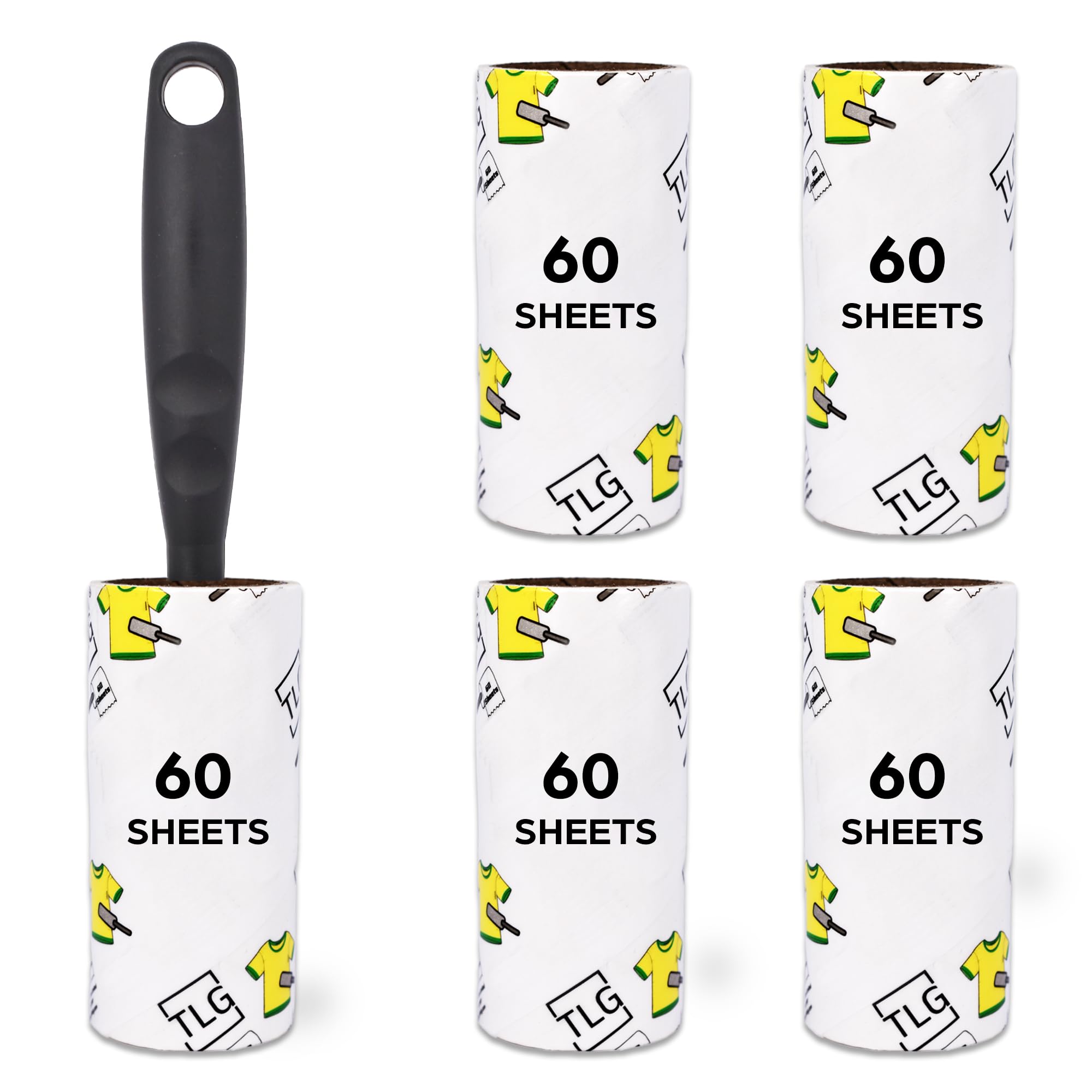 TLG Lint Roller, 5 Refills 300 Extra Sticky Sheets with Handle - Sticky Roller for Clothes - Lint Roller Refills, for Pet Hair, Cat Hair, Dust & Fluff from Furniture, Carpet, Lint Removers for Clothes