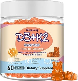 Vitamin D3 K2 Sugar-Free Gummies,Vitamin D3 10000 IU with K2 200mcg,VitaminC,Calcium,Magnesium,Zinc,Support for Bones,Joints,Muscles,Nerves,and Immune System (60, Orange)