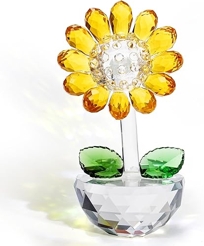 TOPZEA Figura coleccionable de girasol de cristal, adorno de flor de cristal, pisapapeles de cristal con caja de regalo, ramo de flores pequeñas,