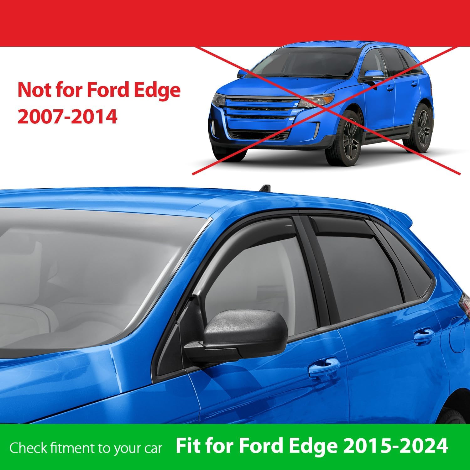 Goodyear Shatterproof in-Channel Window Deflectors Compatible with Ford Edge 2015-2024, Rain Guards, Window Visors for Cars, Car Accessories, 4 pcs - GY003464