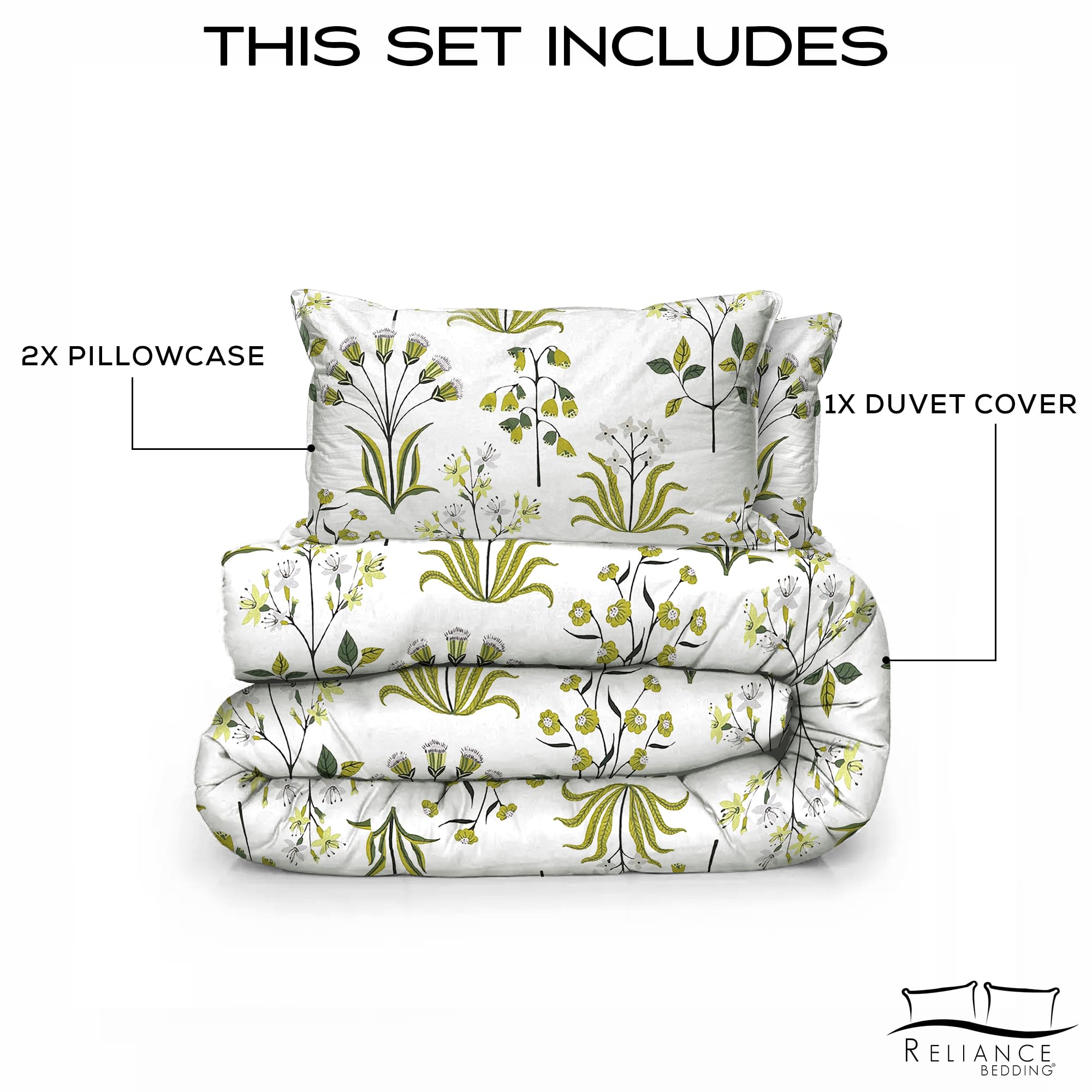 100% Cotton 400 Thread Count Double Duvet Cover Set Printed Floral, Fern Green - Image 3