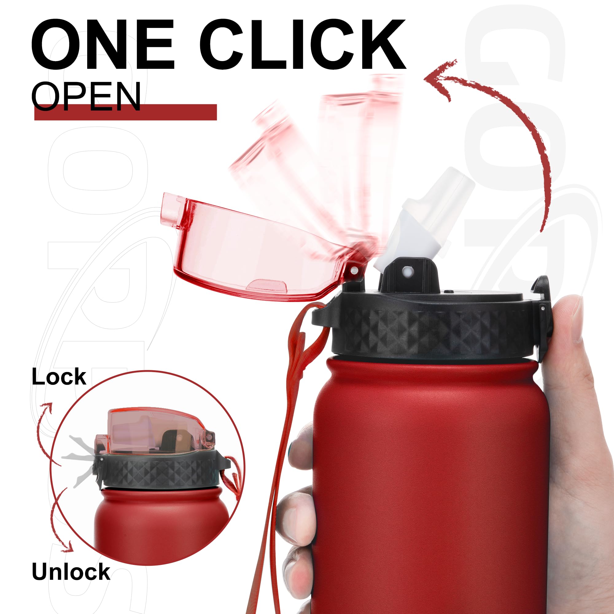 GOPPUS 1L/32oz Stainless Water Bottle with Straw Double Wall Insulated Bottles with Strap Reusable Vacuum Thermal Flask Leakproof Keep Cold Drinks Bottles with Flip Top Lid for Gym Men Women BPA Free - Image 2