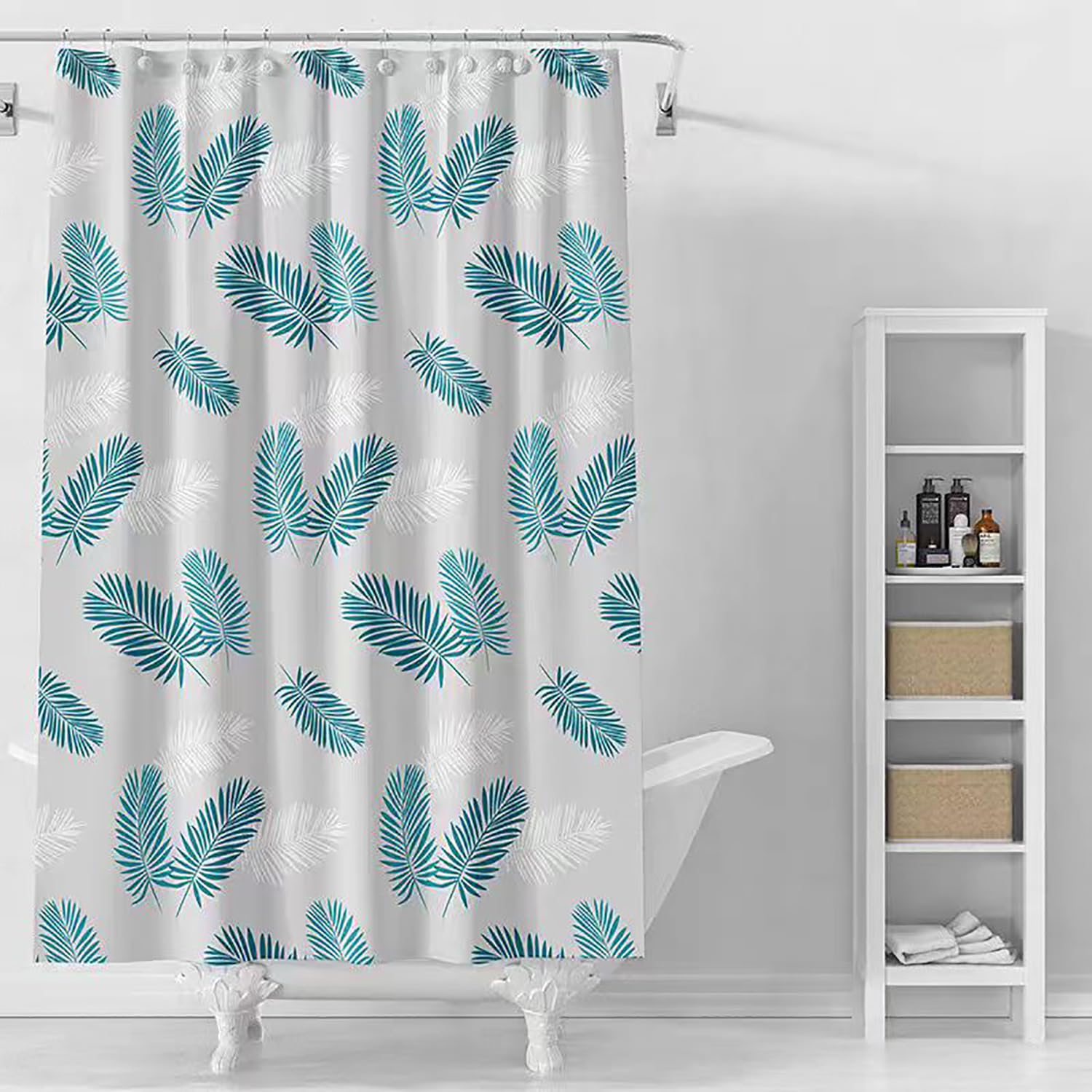 Shower Curtain Liner, Green Feathers PEVA Shower Curtain with Rustproof Metal Grommet and 3 Magnetic Weights Odor Free Shower Liner 72 x 72 inch