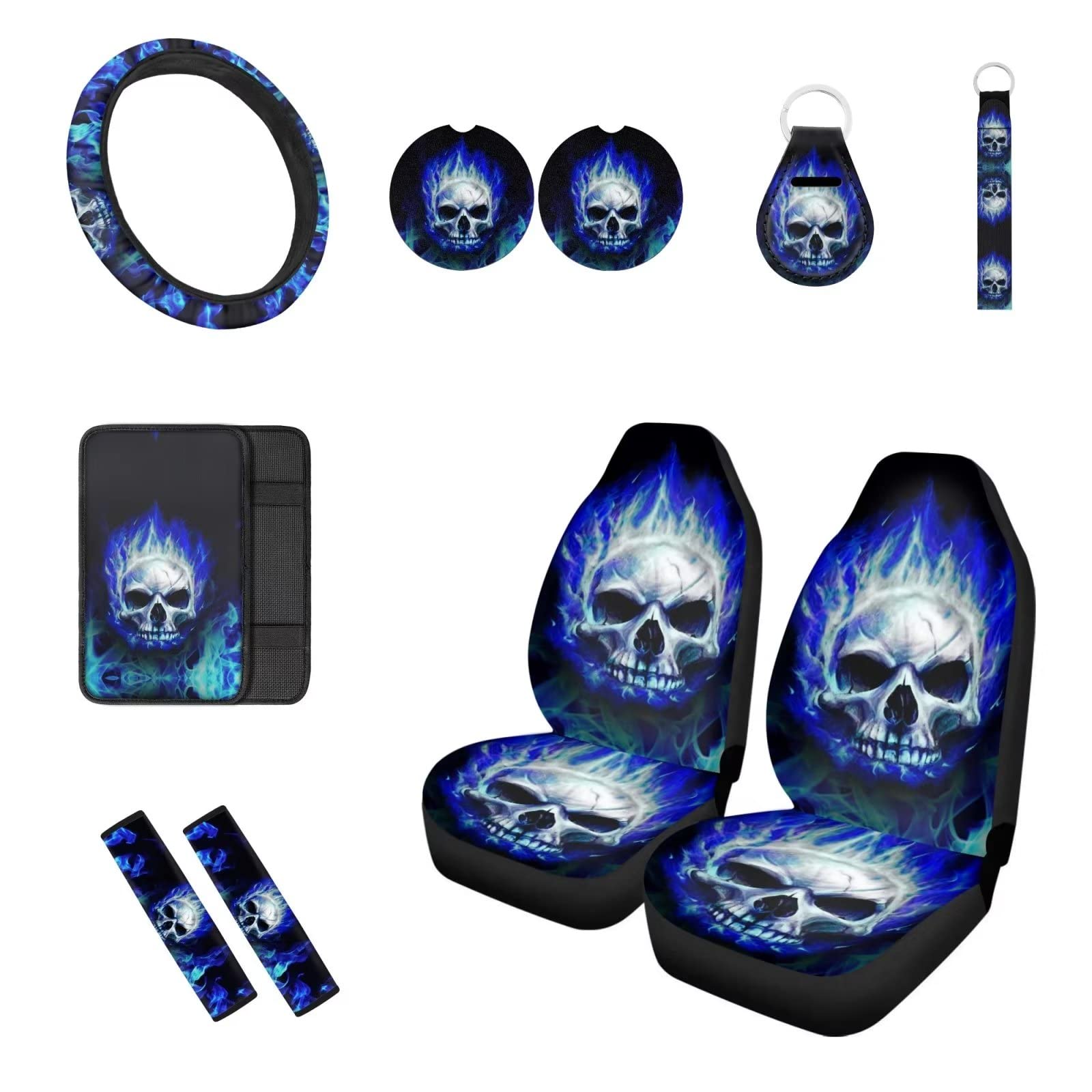 Dolyues Set completo di coprisedili con teschio e fiamma, con imbottitura di sicurezza per cintura di sicurezza/coprivolante/portachiavi/sottobicchiere/copribracciolo per consolle, 10 pezzi