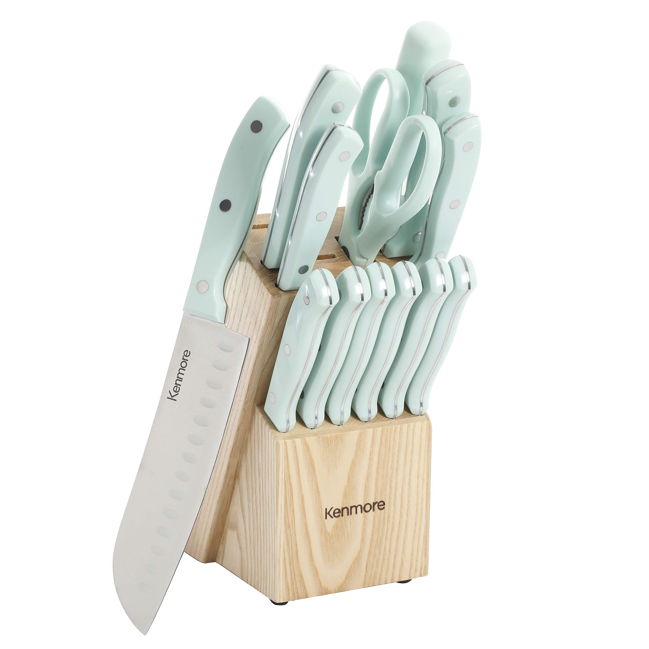 Kenmore Kane Stainless Steel Forged Triple Riveted Cutlery Knife Block Set, 14-Piece, Glacier Blue