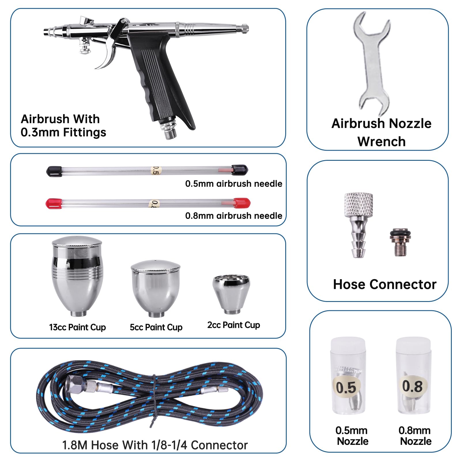 Airbrush Pistolen Set Double Action Airbrush-Stift 0,3mm mit extra 0,5 0,8 mm Nadeln, Airbrush Schlauch und 2CC/5CC/13CC Becher-Set