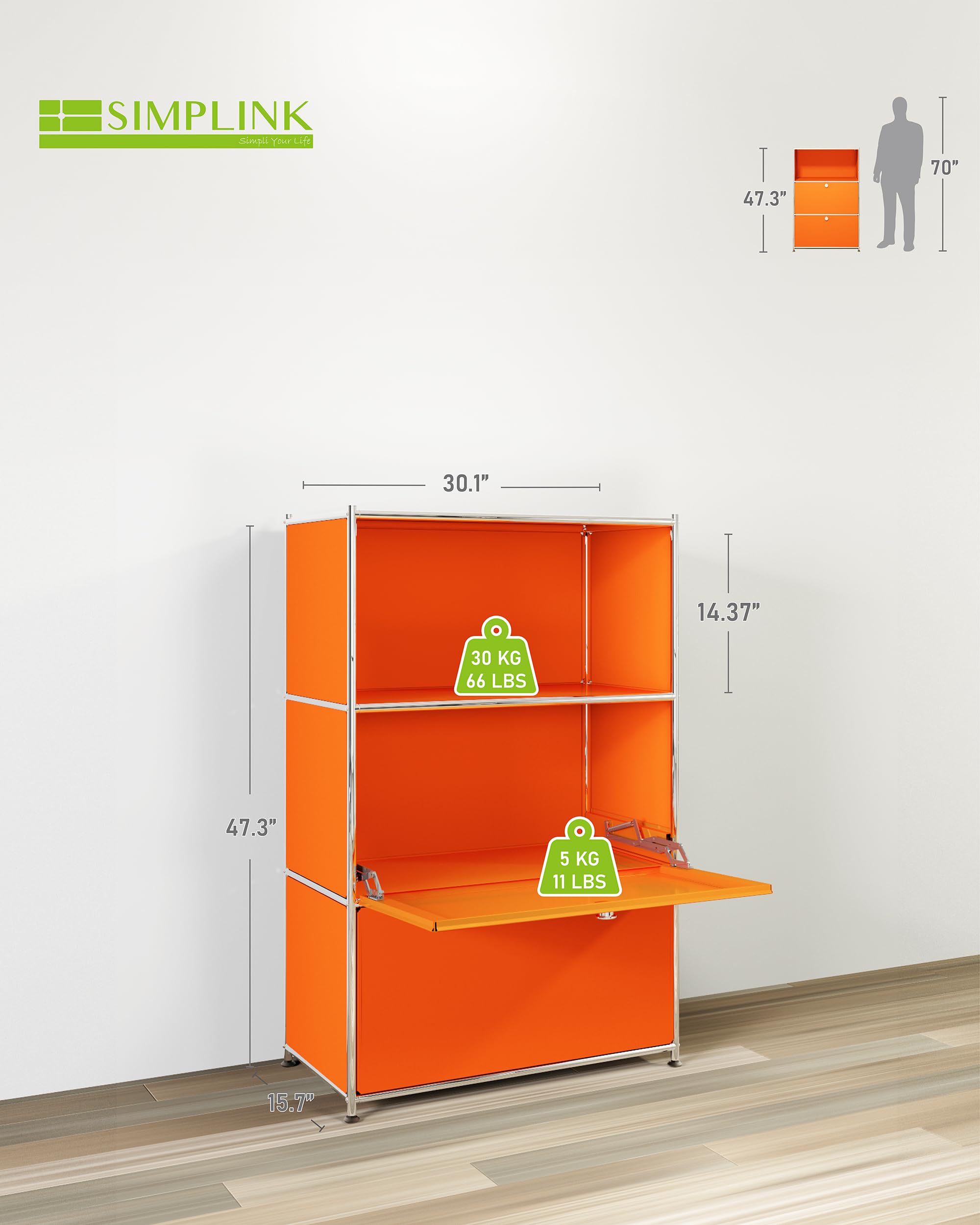 Scaffale in metallo con 2 ante pieghevoli, grande capacità, stile moderno fai da te, ideale per casa, ufficio, cucina, ingresso o corridoio (arancione opaco)