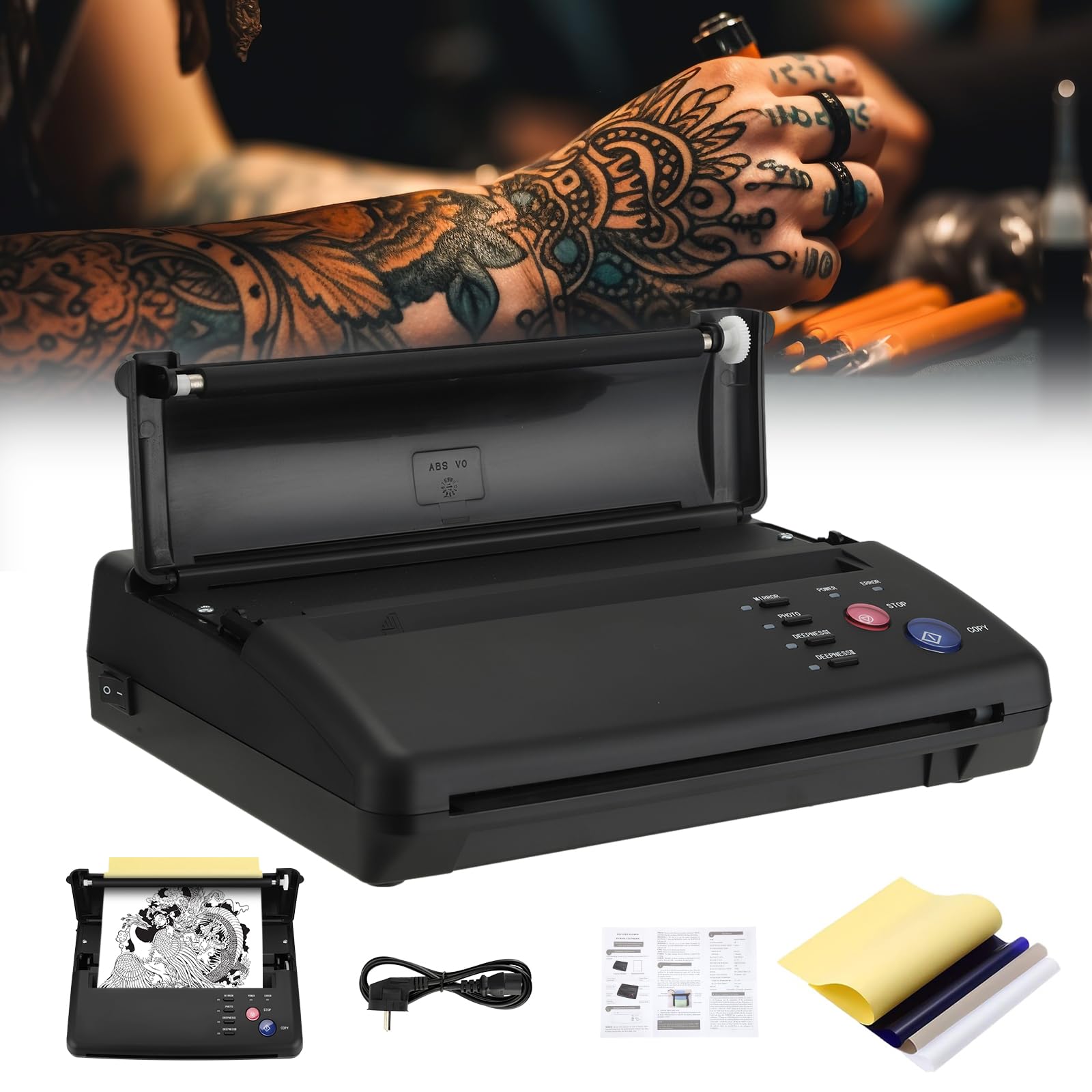 Máquina de Transferencia de Tatuajes, Couleeur Termocopiadora Tattoo de Alta Velocidad y Bajo Calor, Termocopiadora Tattoo Portátil con 10 Papeles de Transferencia Adecuada para Estudios de Tatuajes