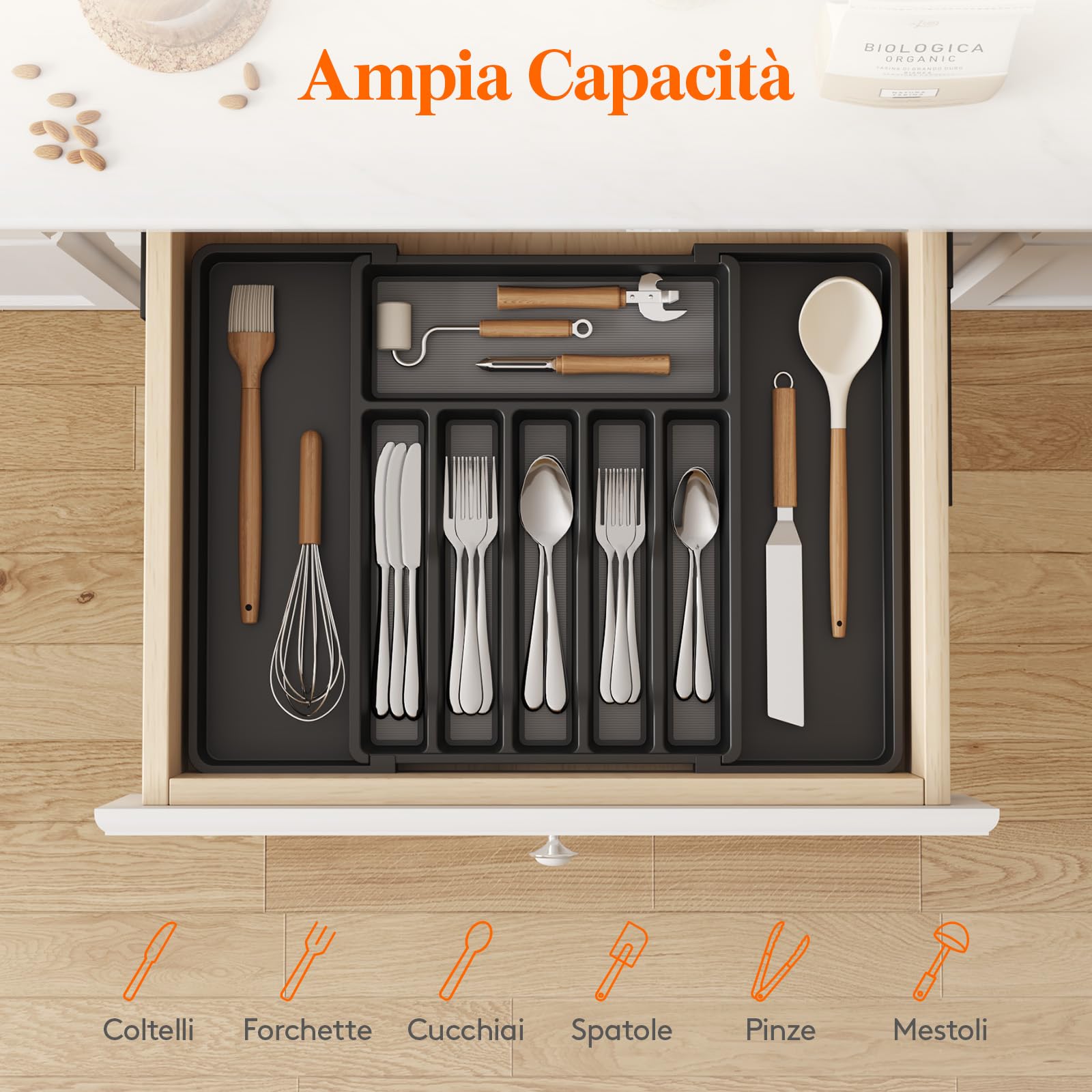 Lifewit Portaposate da Cassetto Espandibile, Larghezza 33-57 cm, Organizer Utensili per Cucina Salvaspazio, Accessori Cucina per Cucchiai, Forchette, Profondità 42,4 cm, con TPR Antiscivolo, Nero