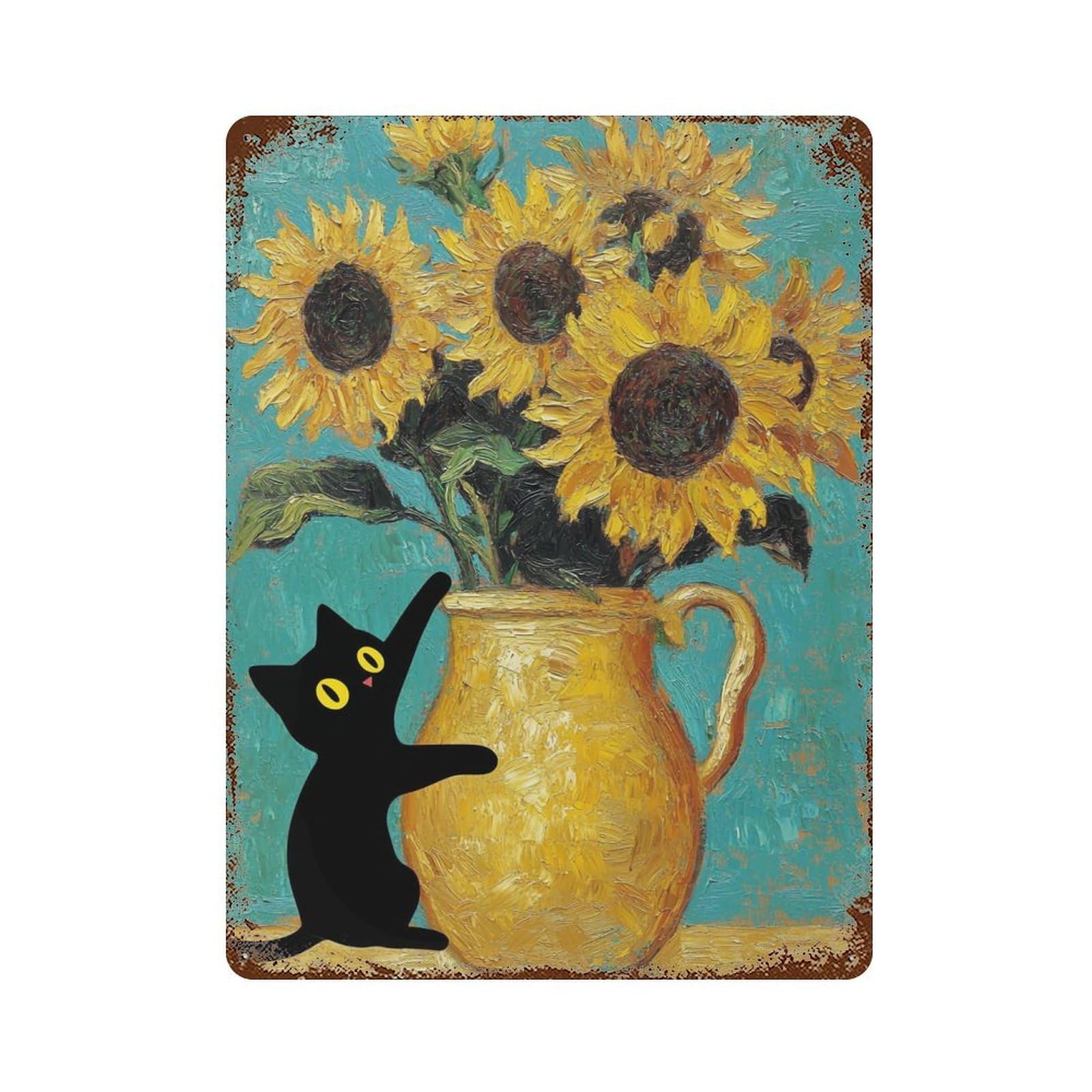 YHGERTKU Cat & Van Gogh Sunflowers 02 Wall Art Retro Iron Vintage Metal Tin Sign Poster Modern Decor for Living Rooms Gift 40x30cm