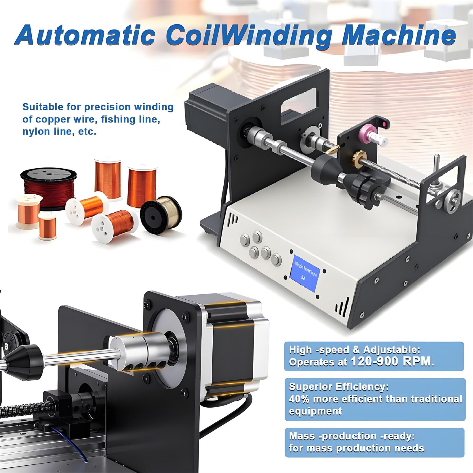 Bobinatrice per bobina, avvolgicavo industriale automatico con schermo LCD, precisione del passo dell'avvolgimento di precisione ± 0,01 mm, ideale per applicazioni di amplificatori per tubi via cavo