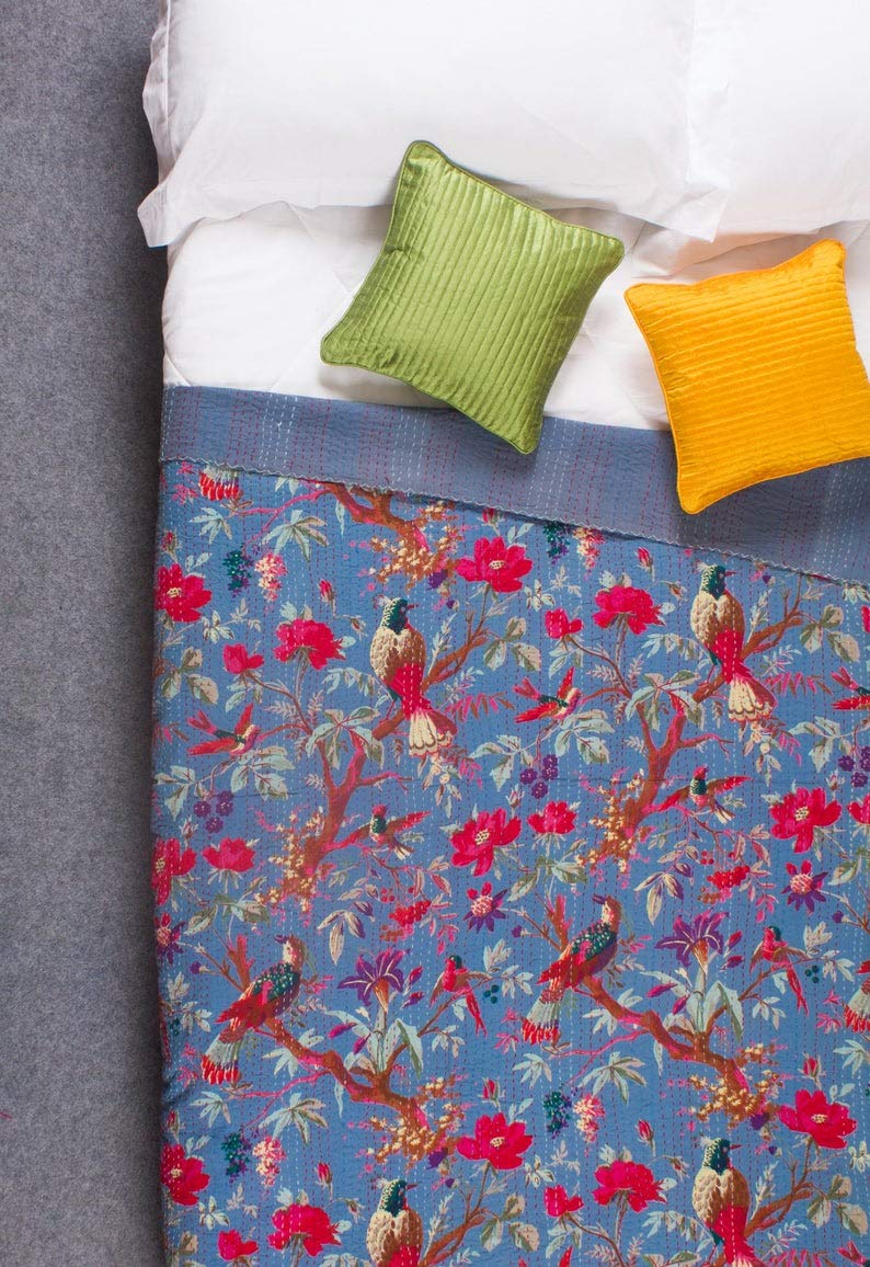 Textile Work Creations TI AMO Bird Print Handmade Cotton Bedspread Kantha Quilt King Size Bohemian Bedspread Kantha Quilt Single-image-43