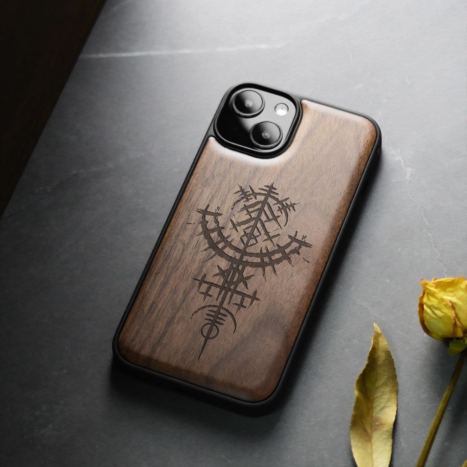 Carveit Magnetic Wood Case for iPhone 14 Plus Case [Natural Wood & Black Soft TPU] Shockproof Protective Cover Unique Wooden Case Compatible with magsafe (Viking Symbols -Walnut)