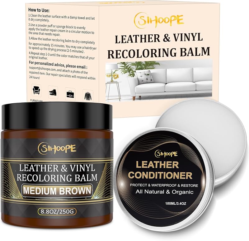 Kit de Reparo e Renovação para Couro Marrom Médio SIHOOPE com Bálsamo Recolorante e Óleo de Visão 100 mL