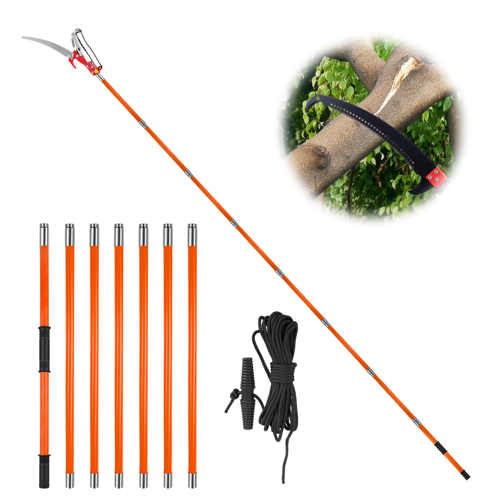 Coupe Branche Télescopique 8m: Scie Telescopique Elaguer 2 en 1,7 Manche Télescopique | 2 Lames de Scie | Sac de Transport, Scie d'élagage Pour Élagage Palmiers Arbustes (Orange)