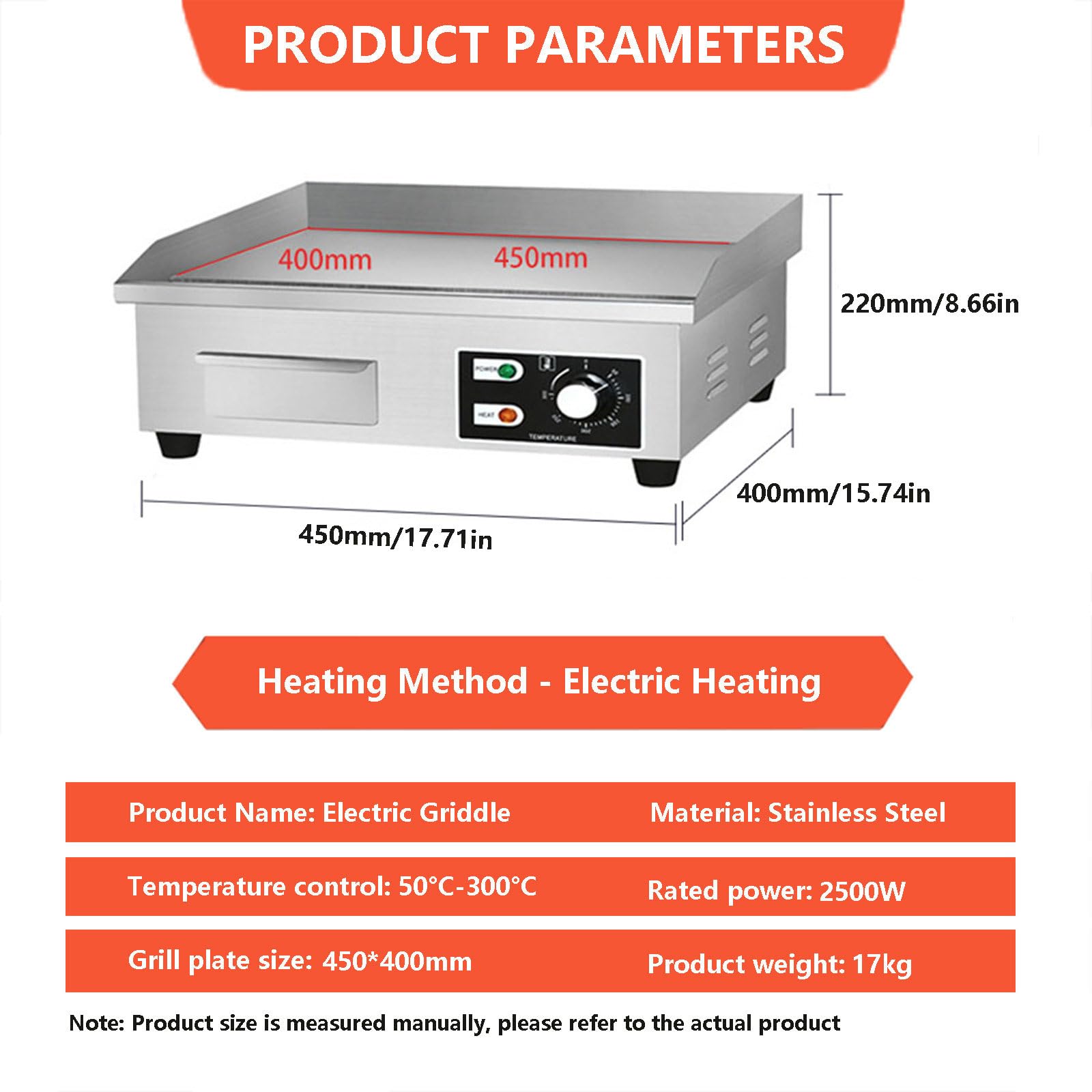 Piastra elettrica Commerciale 50℃-300℃ Piano Cottura Elettrico/Piastra da banco in Acciaio Inox con Controllo della Temperatura/Piastra Piana da Cucina per friggere Pancetta e Bistecca,2500W