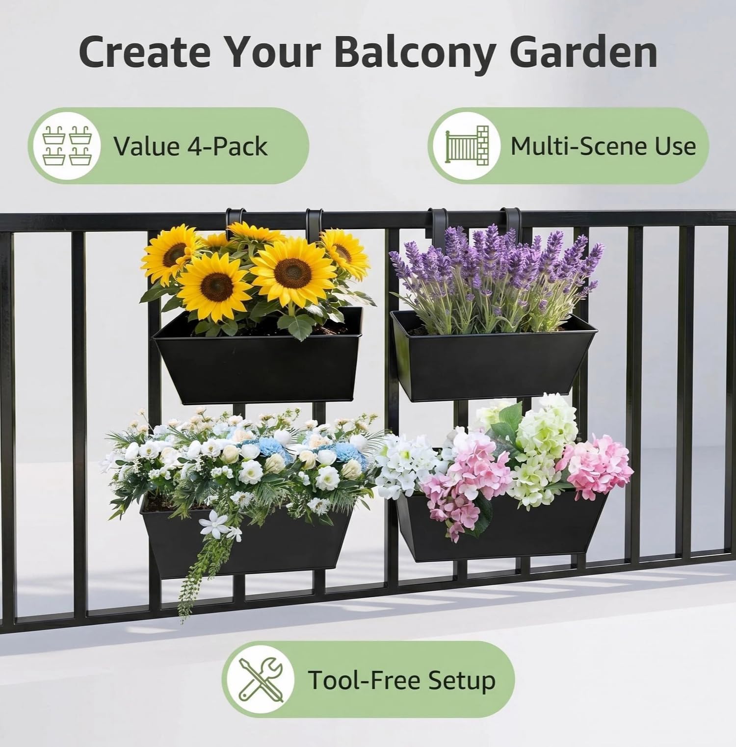 4 pièces de pots métalliques suspendus de 11 pouces avec crochets détachables, boîtes à fleurs pour fenêtres avec garde-corps noir, pots rustiques à accrocher au mur pour clôture extérieure, patio, ba