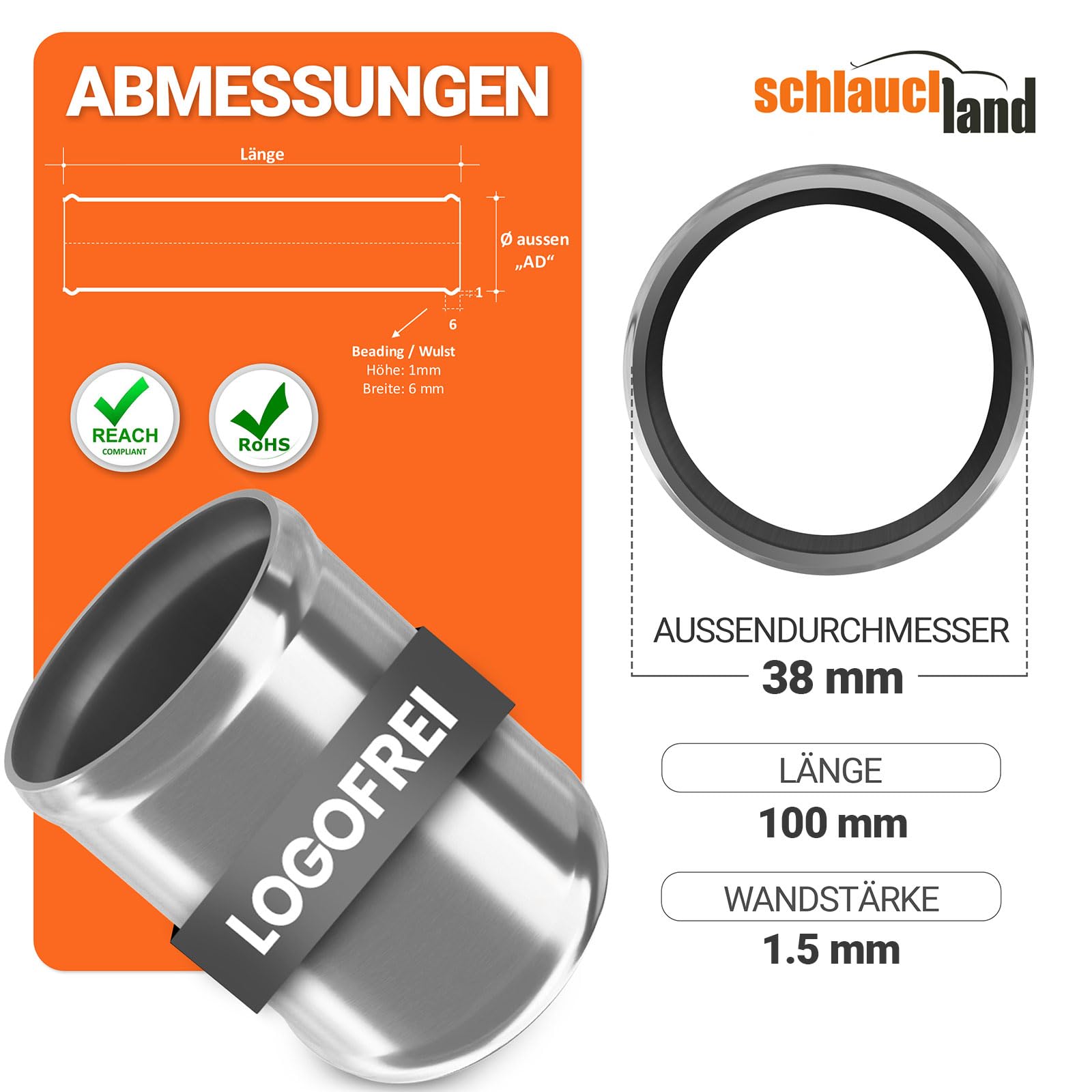 2 Stück | 10cm Edelstahl-Rohr AD-Ø 38mm poliert & gebördelt V2A 1.4301 INOX | AUSWAHL 1-10 Stück & 13-200 mm Durchmesser | Edelstahl Rohr Motor KFZ Kühler Silikon Schlauch-Verbinder | PREMIUM