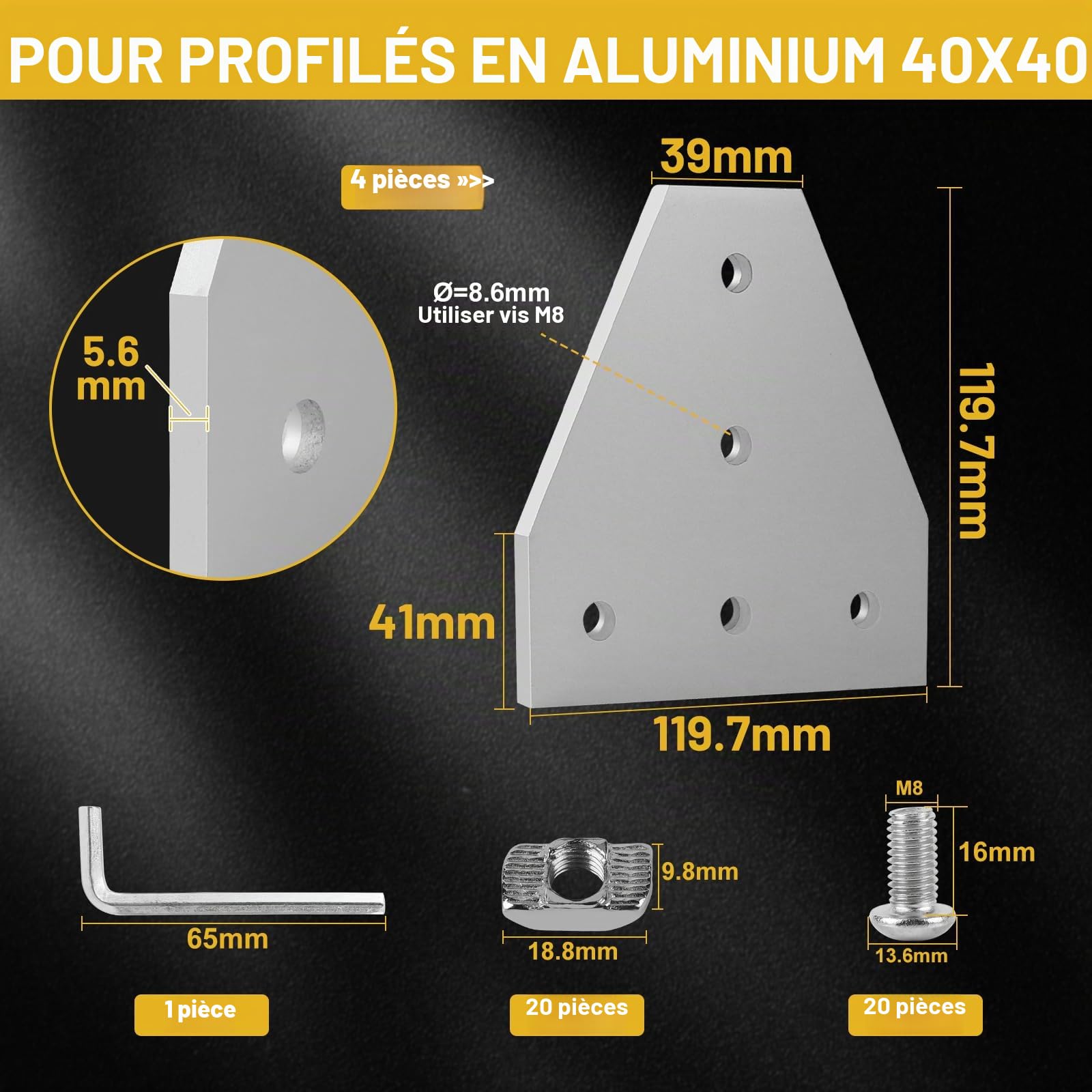 EXLECO 4Pcs Plaque de Connexion Profil en Aluminium 40 x 40 T Plaque de Jonction Extérieure, Supports D'angle, Plaque D'angle, Profilés Extérieur L Forme avec écrous vis clé pour 9mm Profilé Alu
