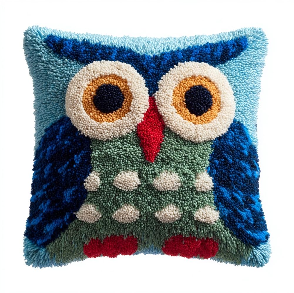 kitphoenix Pillow Latch Hook Kit Owl Pattern Rug Canvas Knit Cushion Embroidery 17"X17" (43X43 Cm) Carpet Crocheting