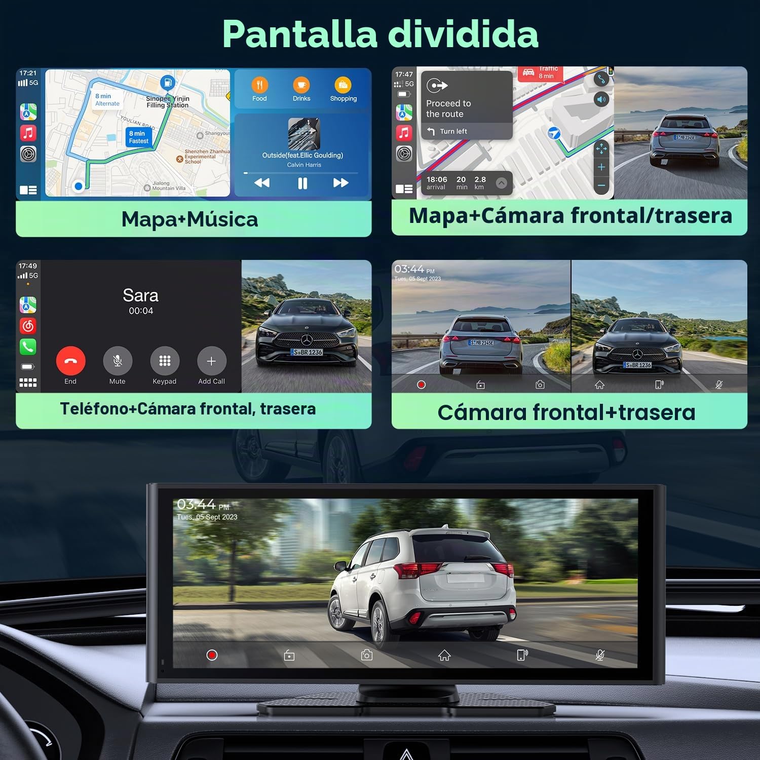 Pantalla Coche CarPlay Inalámbrico 10,25" Car Play Android Auto Estéreo con Dashcam Delantera Trasera 4K+1080P Sin Instalación Navegación Bluetooth FM AUX Tarjeta TF 64GB