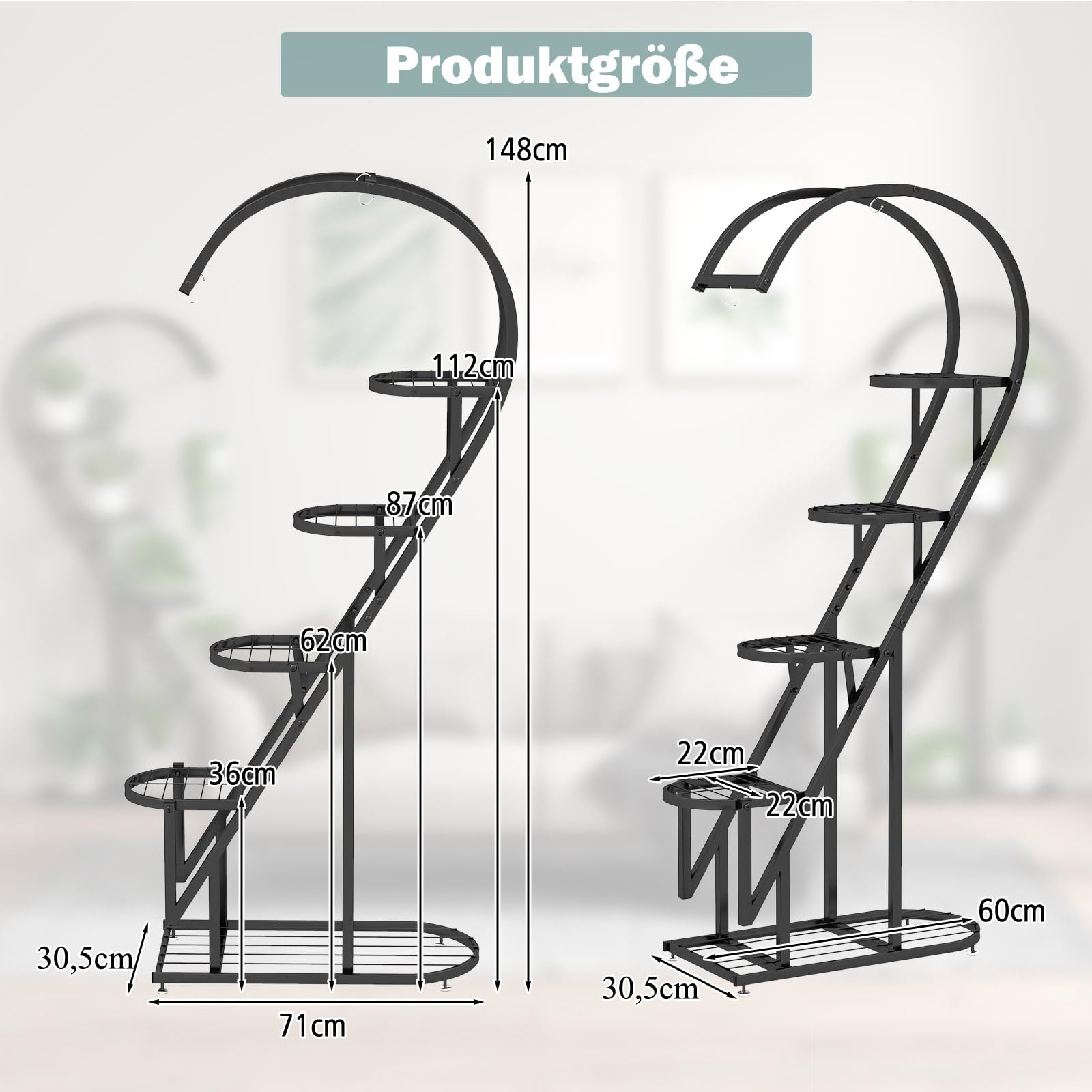 GOPLUS 5-stufiger Metall-Pflanzenständer in Herzform, Pflanzenregal mit 4 Aufhängehaken, Lamellenablagen, wandelbarer Blumenständer, Leiter Pflanzenregal für Wohnzimmer, Balkon (Schwarz)