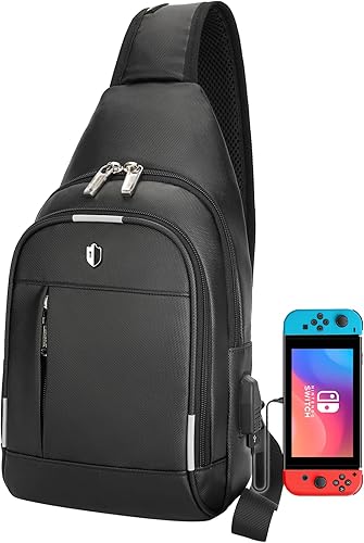 Crossbody Bag Men,Sling Bag with USB Charging Port&Reflective Strips, Water-Resistant Switch 2 Shoulder Bag Small Backpack Daypack for Travel,