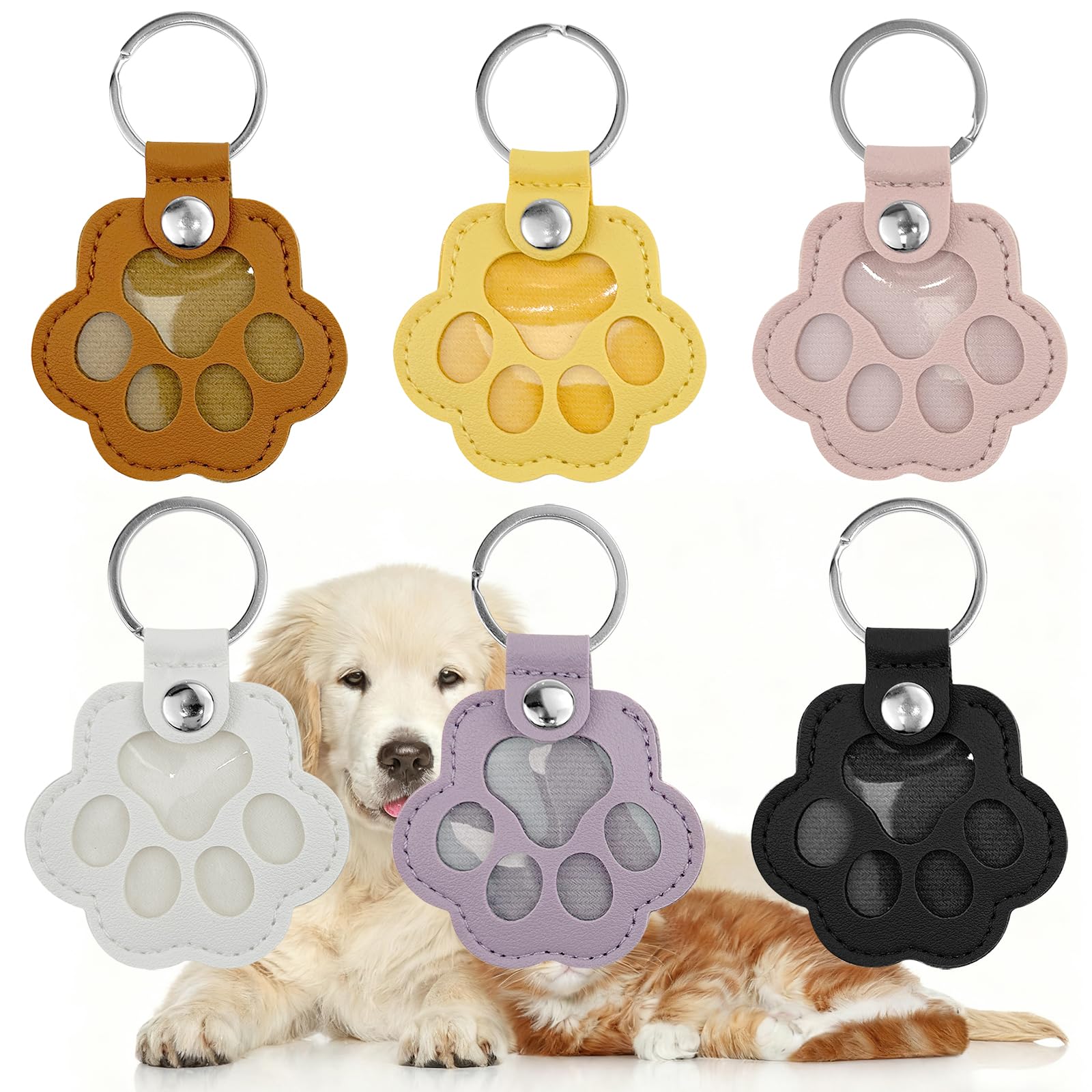 Auswalar 6PCS Pet Hair Collector Keychain,Leather Memorial Storage Box,Cute Paw Keychains With Snap,Memorial Collection Keyring Gift for Pets Lovers