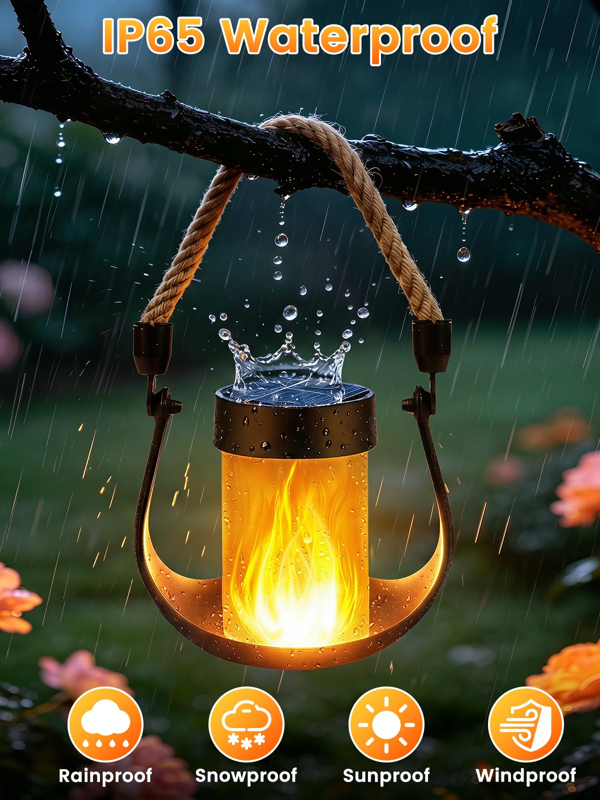 Lanterne solari per esterni, confezione da 4 lanterne solari da appendere, con fiamma danzante, impermeabili, a energia solare, per esterni, campeggio, albero, portico, cortile, patio, tavolo