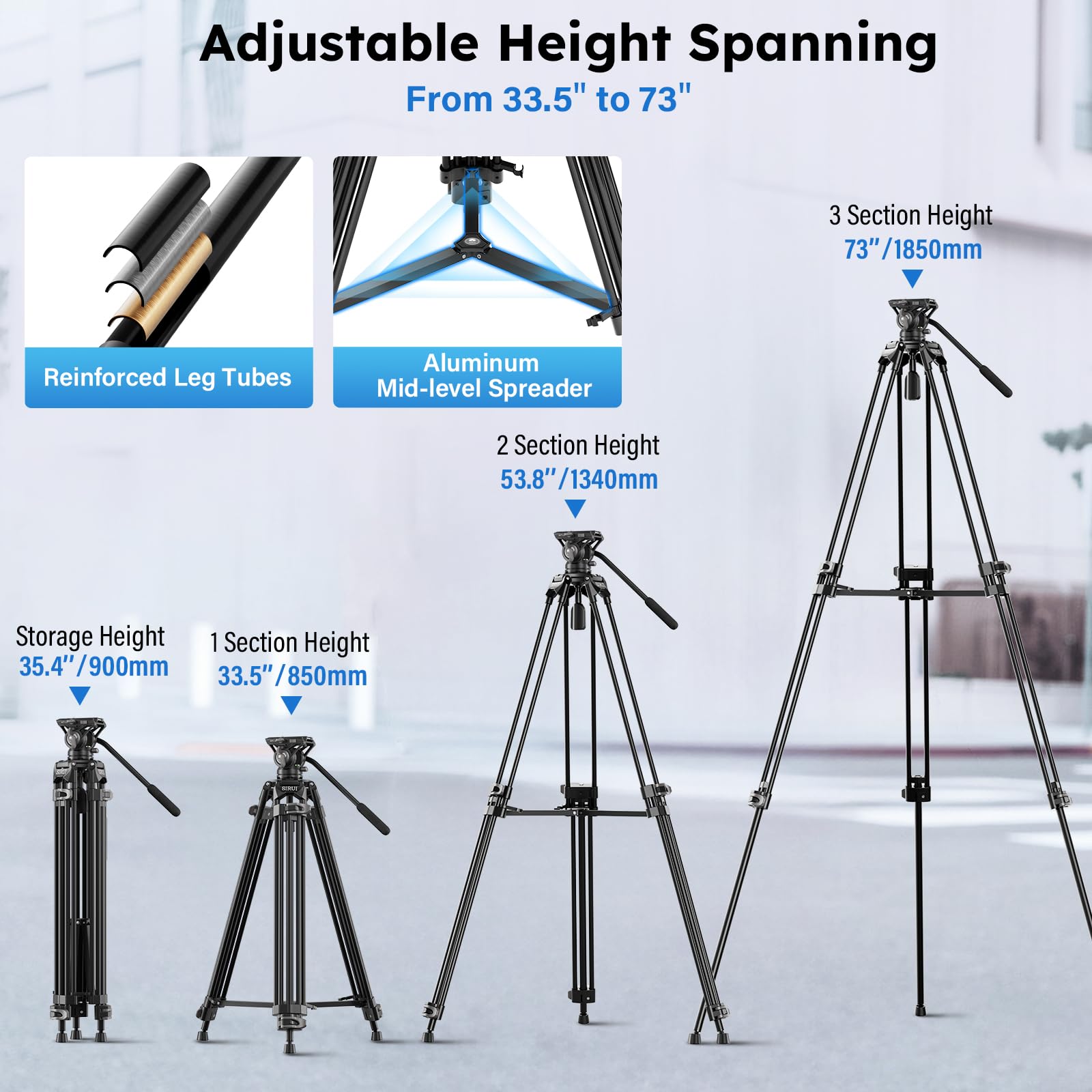 SIRUI 73"/185cm Treppiede con Piastra a Sgancio Rapido a Scatto per Manfrotto, AVT-11 Treppiede Video con Testa Fluida a 360°, Treppiedes Impieghi Gravosi per Videocamera DSLR, Carico Fino a 10kg/22lb
