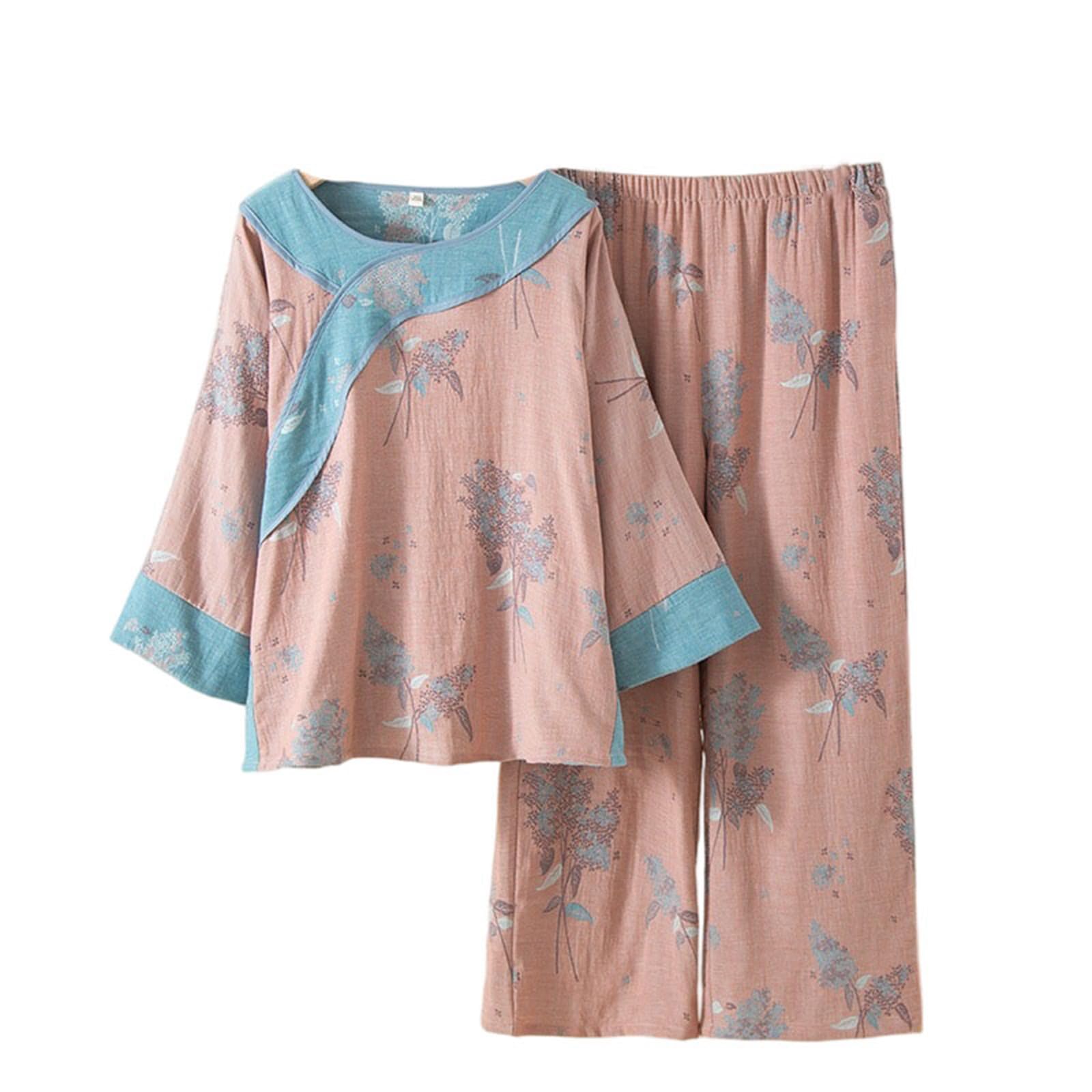 Pijama de algodón con cuello redondo para mujer, estilo chino, ajuste holgado, ropa de descanso para primavera