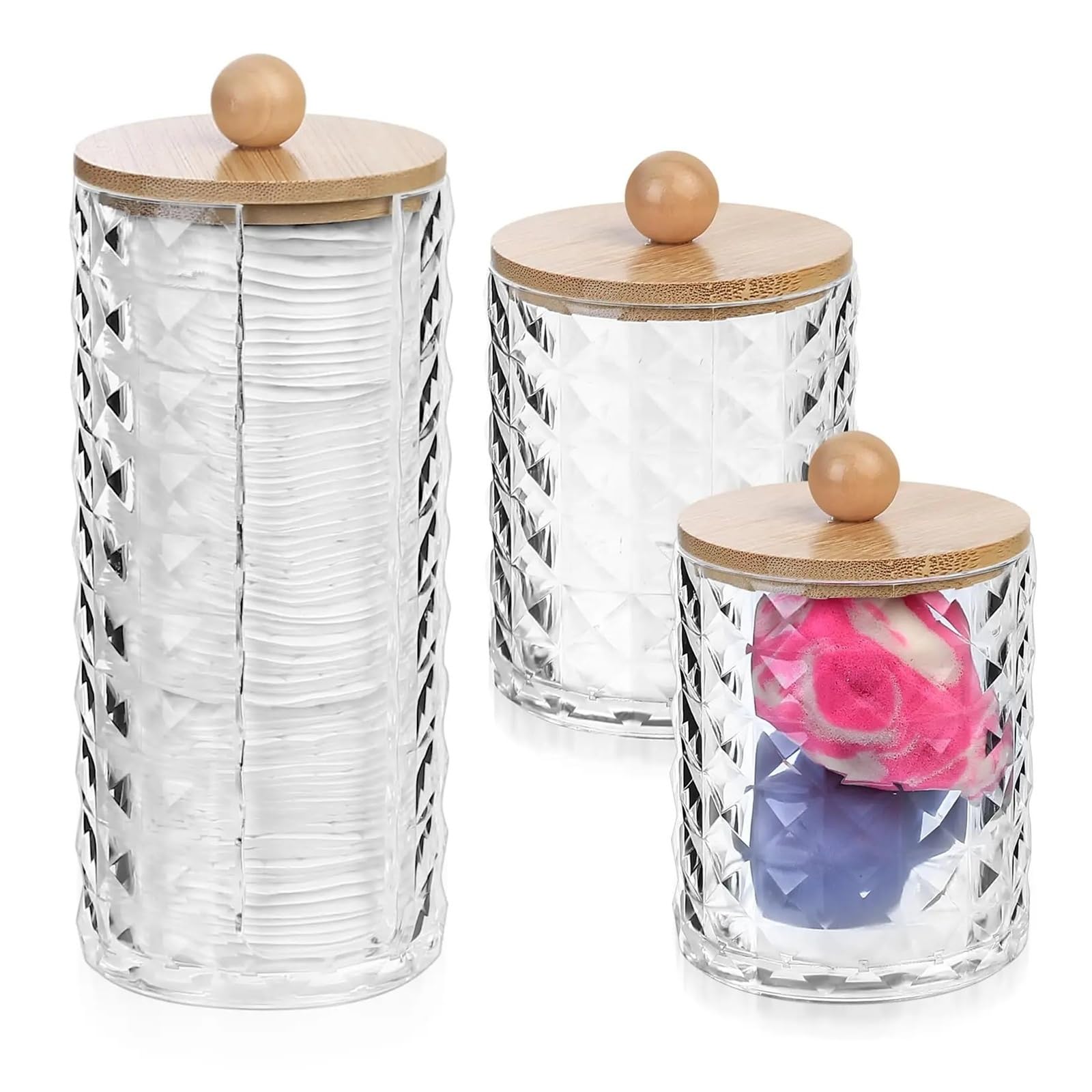 AHUFGN Cotton Pad Holder 3Pcs Qtips Holder Bathroom Container Organizer Cotton Ball Swabs Dispenser Clear Apothecary Jar Set For Storage Box