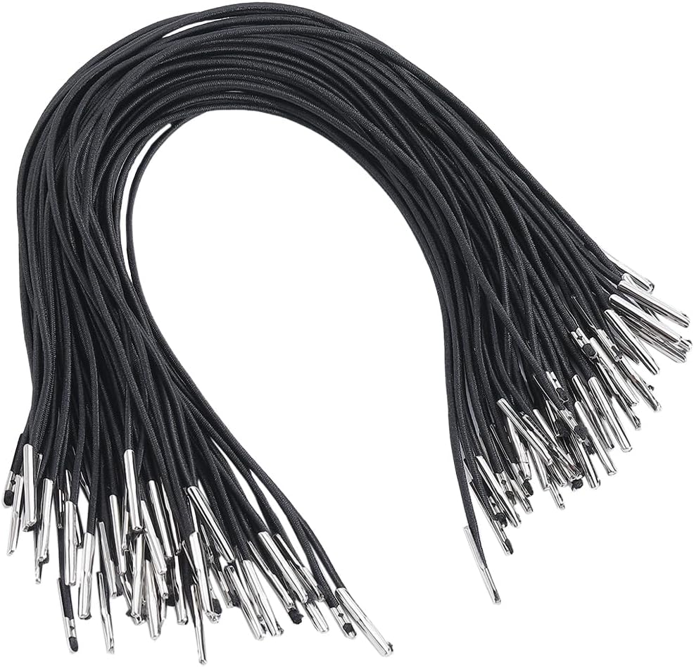 GORGECRAFT 100Pcs 10" Long Black Elastic Barbed Cords Stretch Loop Bands with Metal Ends Fastener Round String Hat Chin Cord Strap for Party DIY Hat Elastic Menus Badges Signs Book Binding
