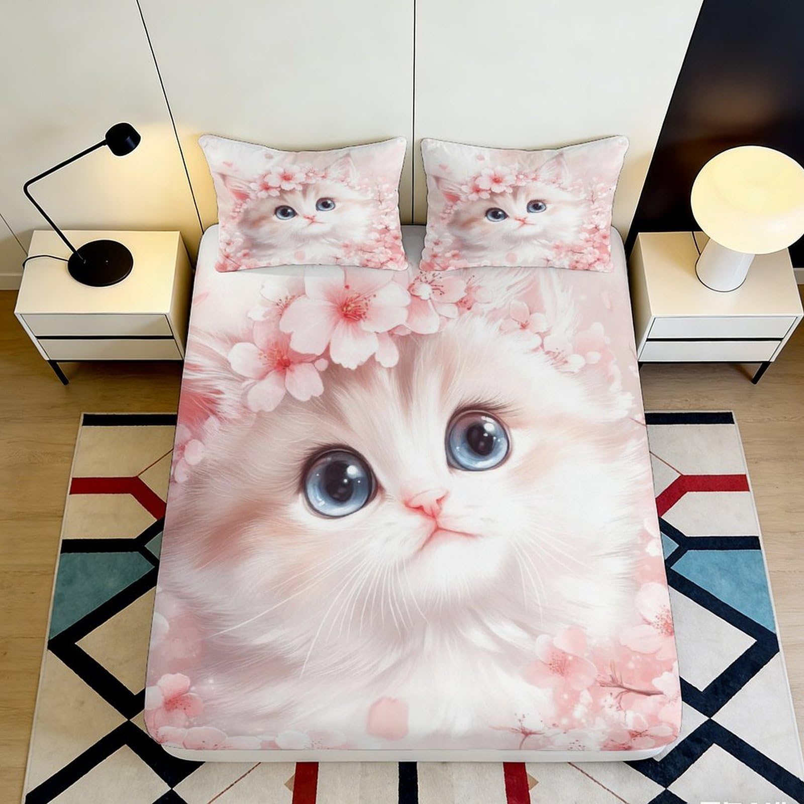 Pnayamiorkfel Style-7 3D Printed Blossom Cat Fitted Sheet Microfiber Pink Floral Kitten Mattress Cover Bedroom Decor Anti-Slip Easy Care 90X200x25cm