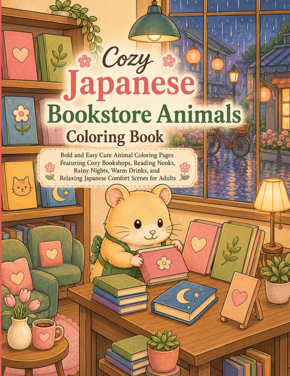 Cozy Japanese Bookstore Animals Coloring Book: Bold and Easy Cute Animal Coloring Pages Featuring Cozy Bookshops, Reading Nooks, Rainy Nights, Warm ... Relaxing Japanese Comfort Scenes for Adults