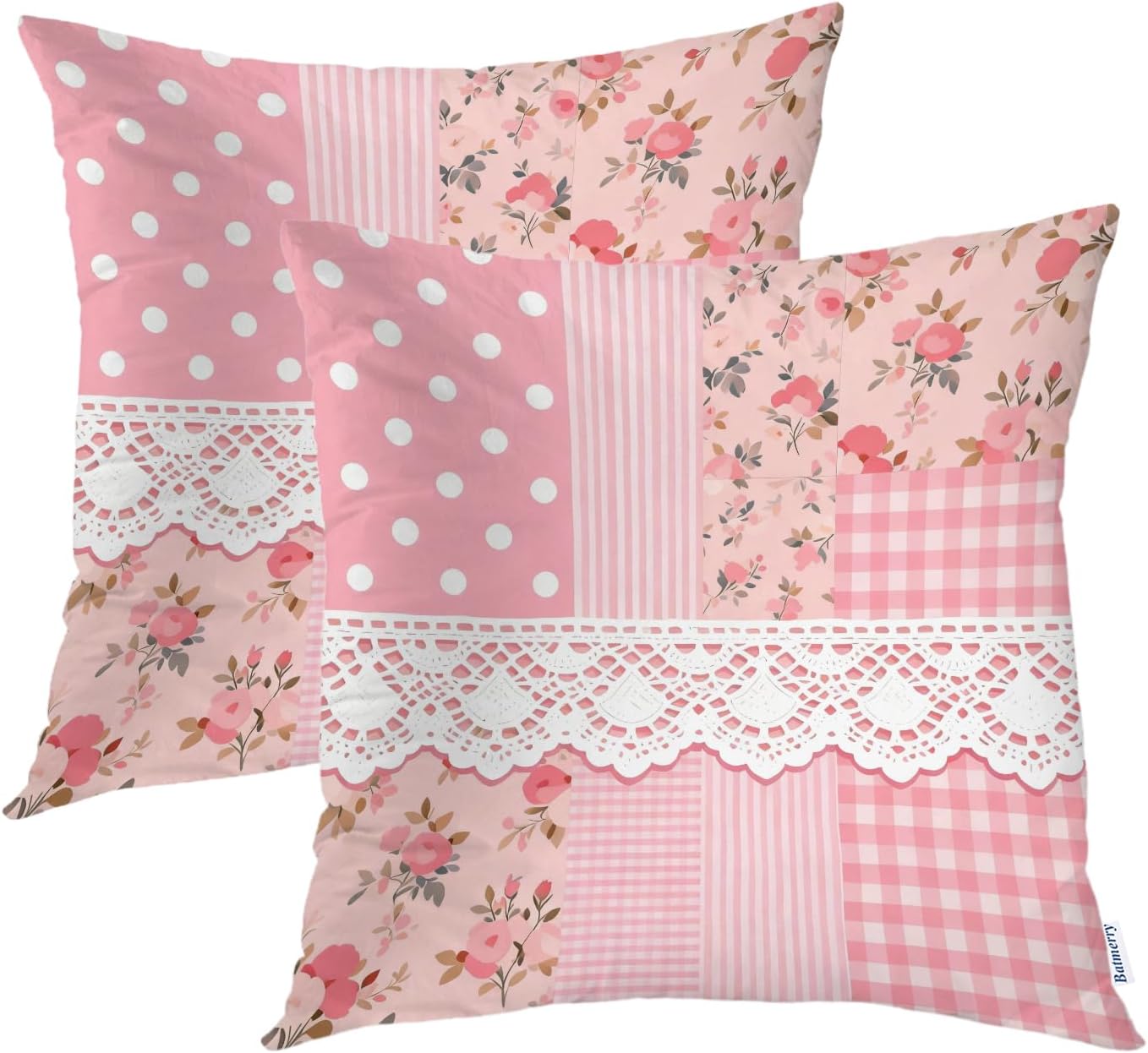 Batmerry Flower Pretty Cute Throw Pillow Covers,Shabby Chic Vintage Stripes Roses Decorative Pillow Covers Digital Printing Blended Fabric for Couch Sofa Bed Invisible Zipper 20X20 in