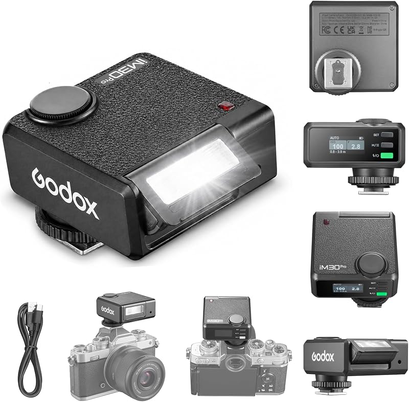 Godox iM30Pro iM30 Pro Mini flash de cámara, mini flash GN15, modo AUTO/Manual | 550 flashes de máxima potencia, tiempo de reciclaje de 1,5 s, pantalla a color HD, batería de litio integrada, cabezal inclinable, zapata de contacto único