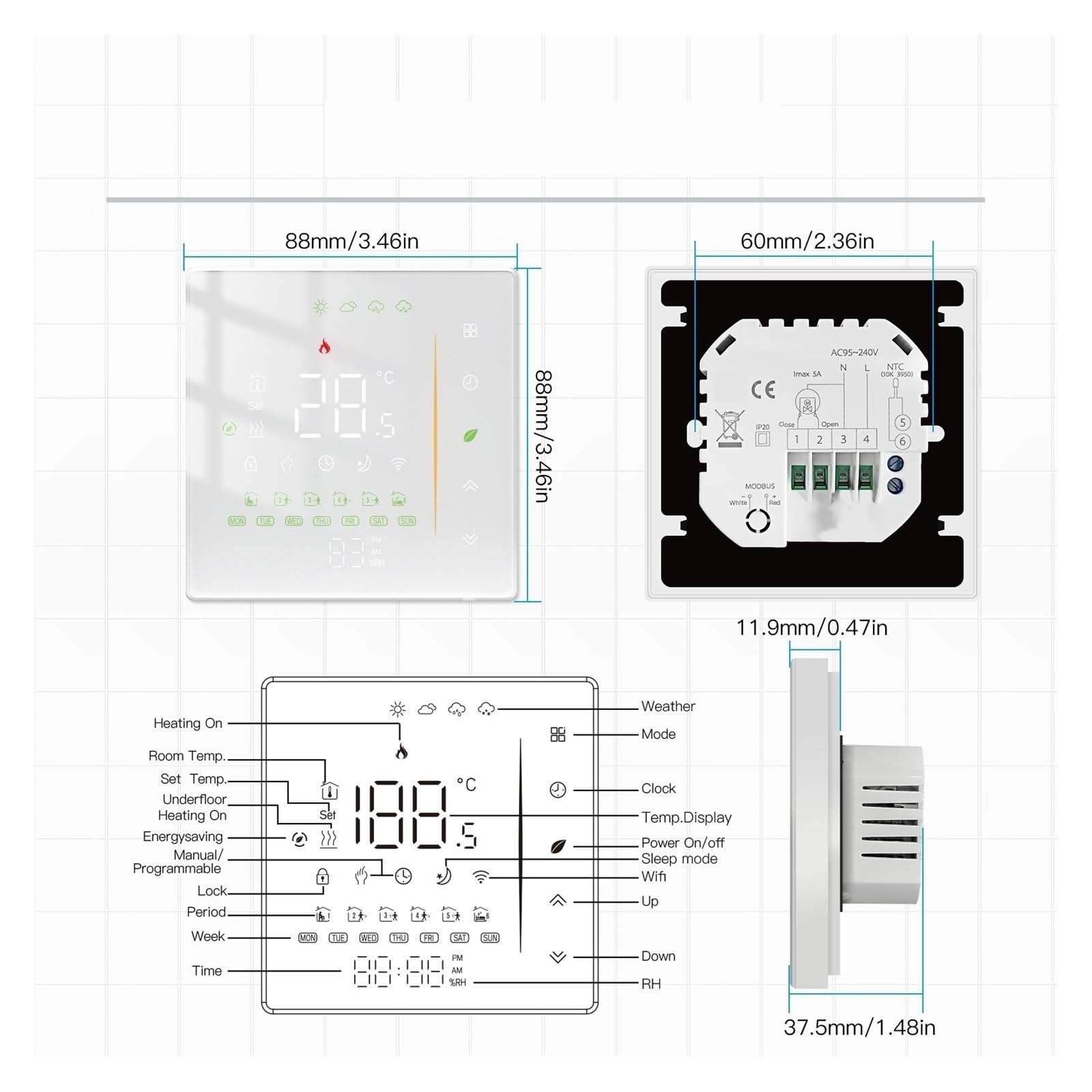 Termostat WiFi Bezprzewodowy regulator temperatury w pomieszczeniu wody/elektrycznego ogrzewania podłogowego Kocioł gazowy Wilgotność APP Praca Informacja O ZgodnośCi(WHT-006-GB-WH-MS)