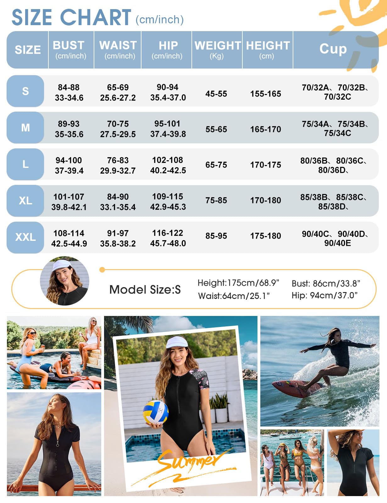 Tuopuda Strój kąpielowy damski reduktor jednoczęściowy z zamkiem z przodu, monokini z wkładkami, vintage nadruk, slim fit, do pływania i surfingu
