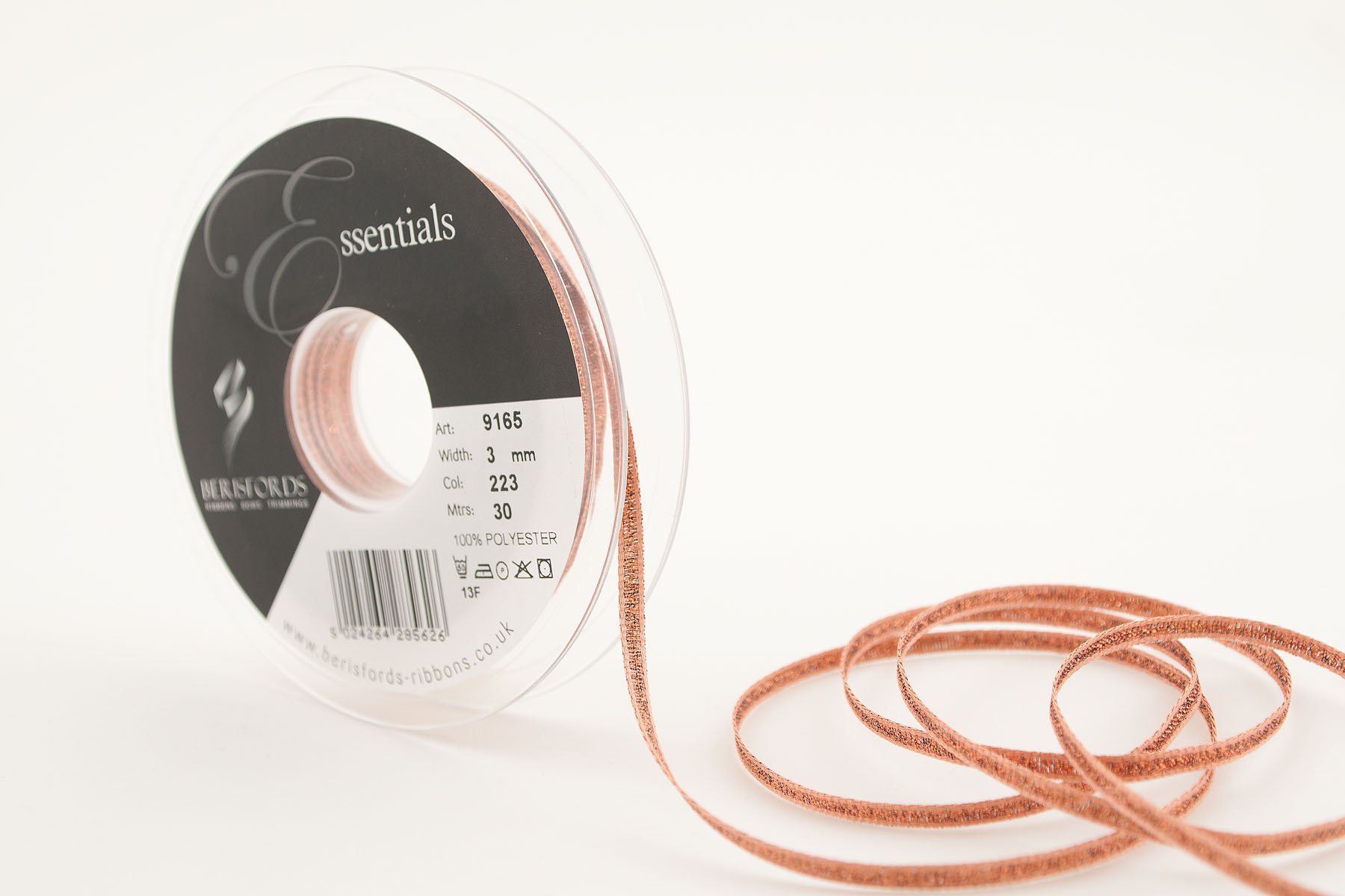 Berisfords 9165 30 m x 3 mm Glitz and Glamour Metallic Lame Ribbon, Copper